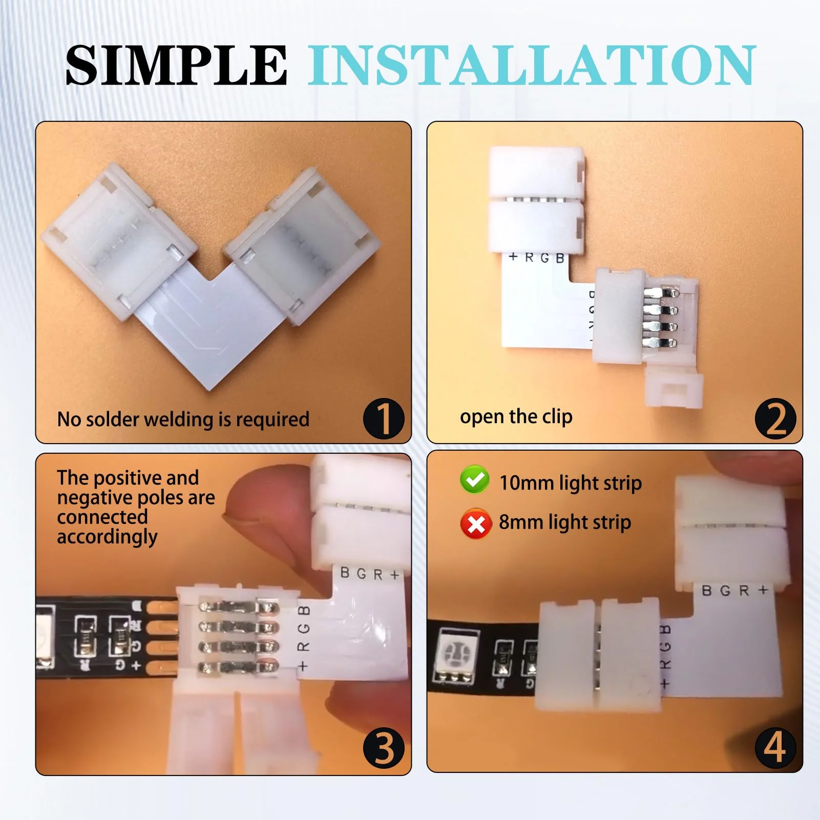 20 pieces 10 mm LED strip connector set, SMD 5050 RGB strips, includes L-shaped light strip connector, 4-pin, 4-pin gapless LED strip connector - Image 5