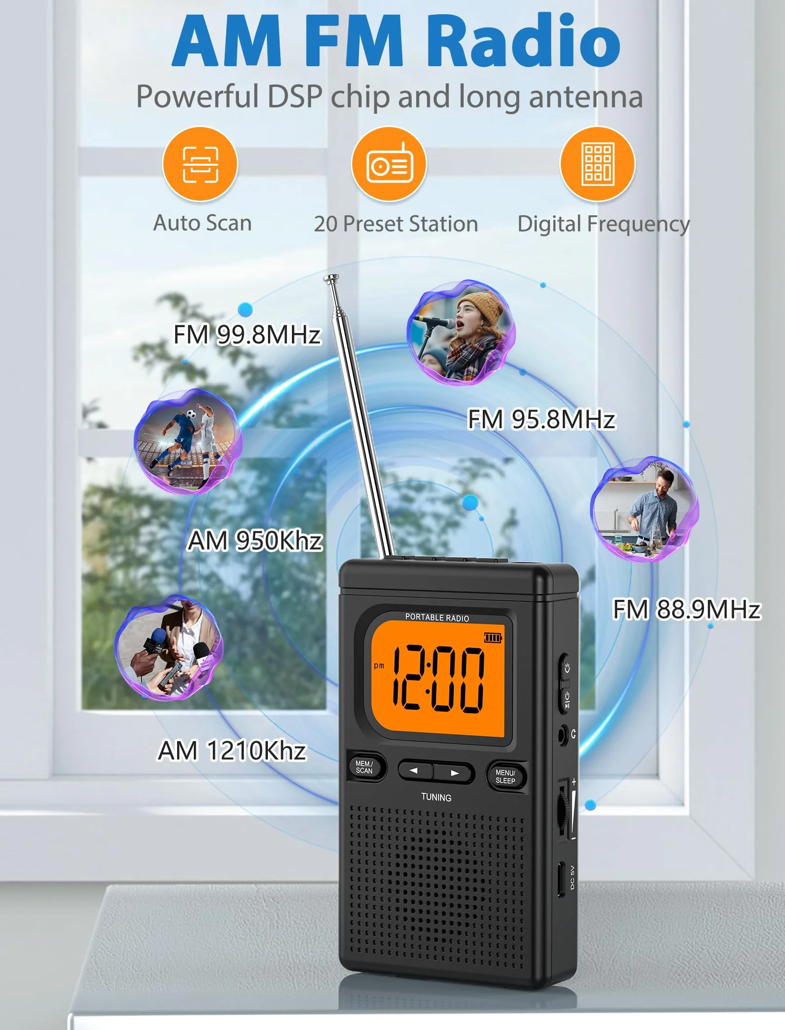 2000mAh Rechargeable AM FM Radio with Bluetooth Portable Transistor Pocket Radio with Best Reception Digital Tuning, Flashlight,LCD Screen,Earphone Jack, Sleep Timer and Alarm Clock for Jogging Black - Image 2