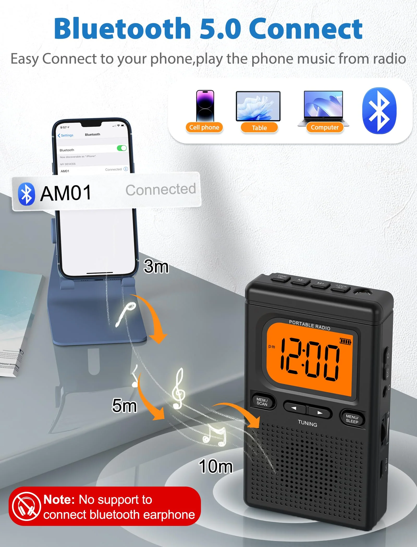 2000mAh Rechargeable AM FM Radio with Bluetooth Portable Transistor Pocket Radio with Best Reception Digital Tuning, Flashlight,LCD Screen,Earphone Jack, Sleep Timer and Alarm Clock for Jogging Black - Image 4