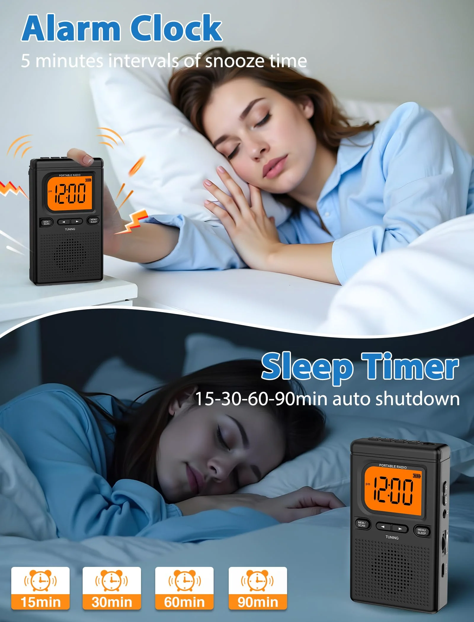 2000mAh Rechargeable AM FM Radio with Bluetooth Portable Transistor Pocket Radio with Best Reception Digital Tuning, Flashlight,LCD Screen,Earphone Jack, Sleep Timer and Alarm Clock for Jogging Black - Image 6