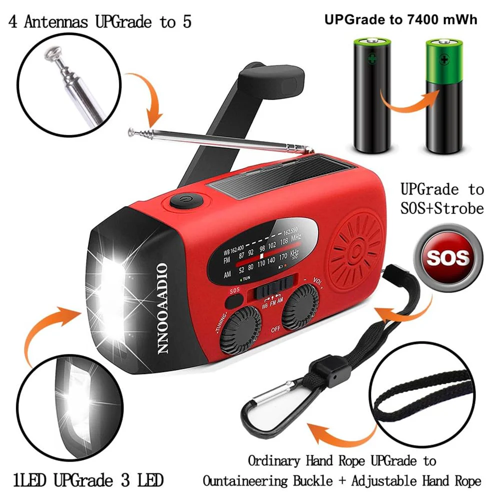 2000mAh SOS Alarm Emergency AM FM Weather Radio, 3LED Type-C Hand Crank Solar Battery Operated Portable Wind Up Radio Flashlight, Cell Phone Charger Survival Kit (Red) - Image 2