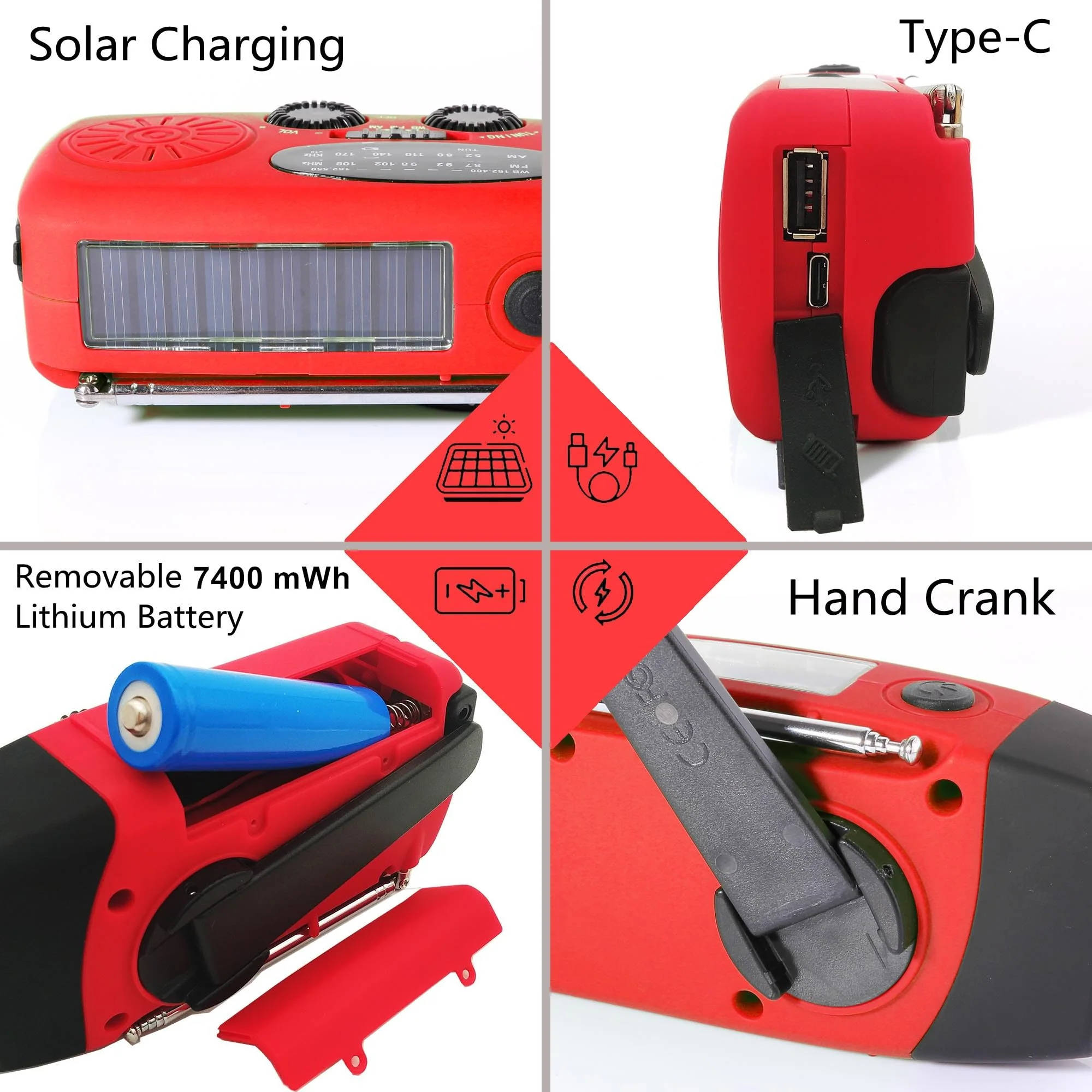 2000mAh SOS Alarm Emergency AM FM Weather Radio, 3LED Type-C Hand Crank Solar Battery Operated Portable Wind Up Radio Flashlight, Cell Phone Charger Survival Kit (Red) - Image 4