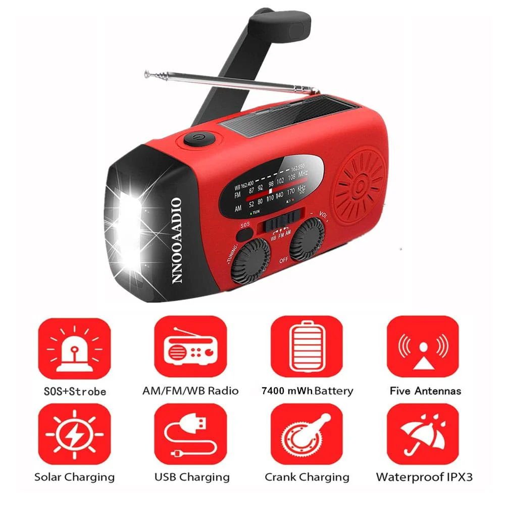 2000mAh SOS Alarm Emergency AM FM Weather Radio, 3LED Type-C Hand Crank Solar Battery Operated Portable Wind Up Radio Flashlight, Cell Phone Charger Survival Kit (Red) - Image 5
