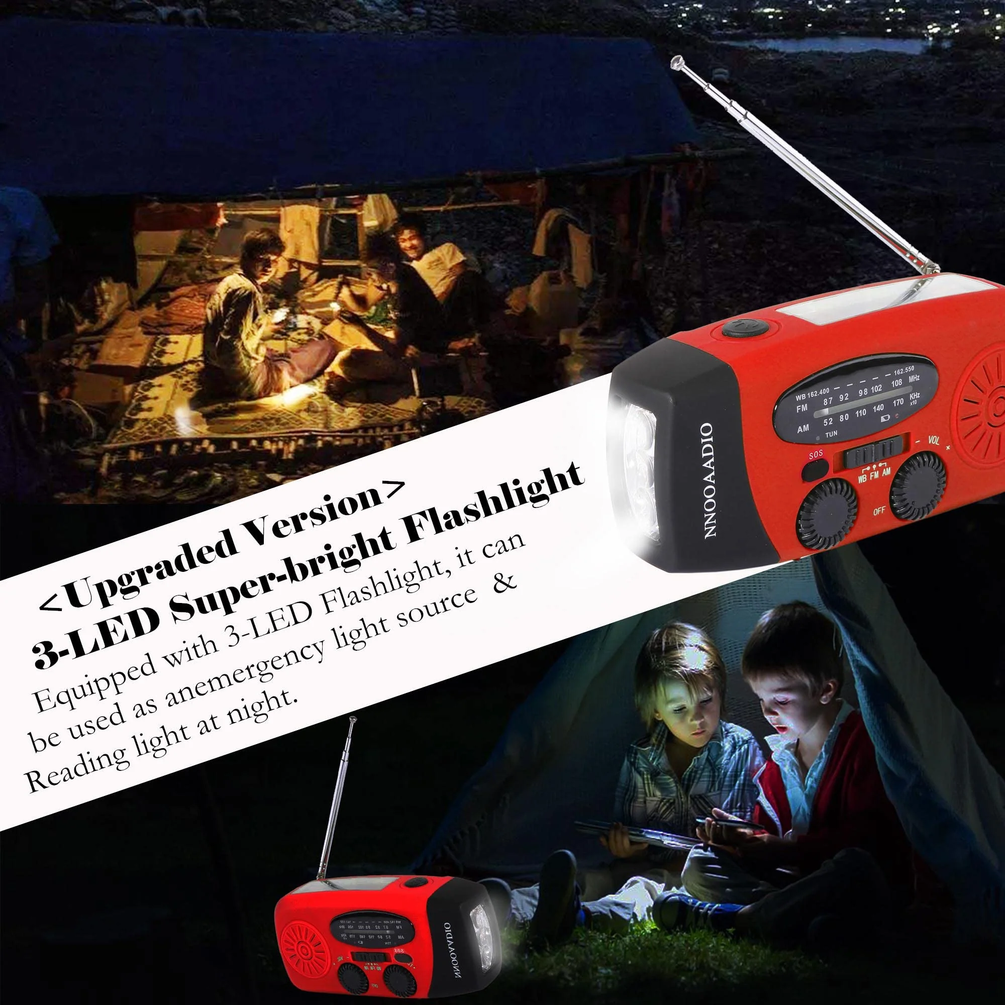 2000mAh SOS Alarm Emergency AM FM Weather Radio, 3LED Type-C Hand Crank Solar Battery Operated Portable Wind Up Radio Flashlight, Cell Phone Charger Survival Kit (Red) - Image 6