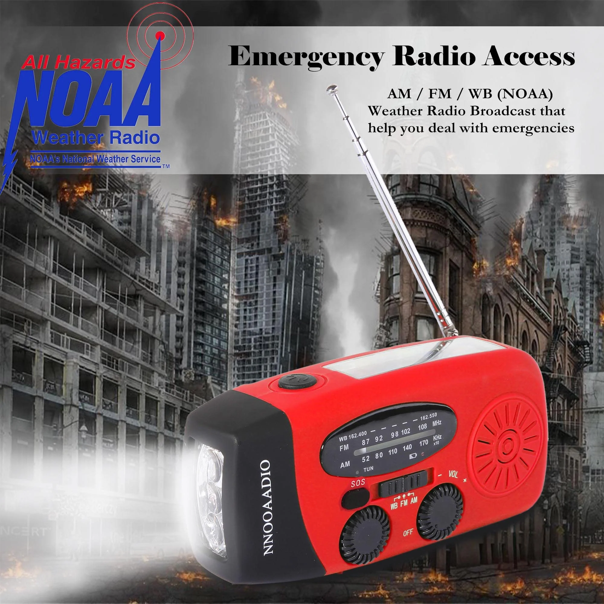 2000mAh SOS Alarm Emergency AM FM Weather Radio, 3LED Type-C Hand Crank Solar Battery Operated Portable Wind Up Radio Flashlight, Cell Phone Charger Survival Kit (Red) - Image 7