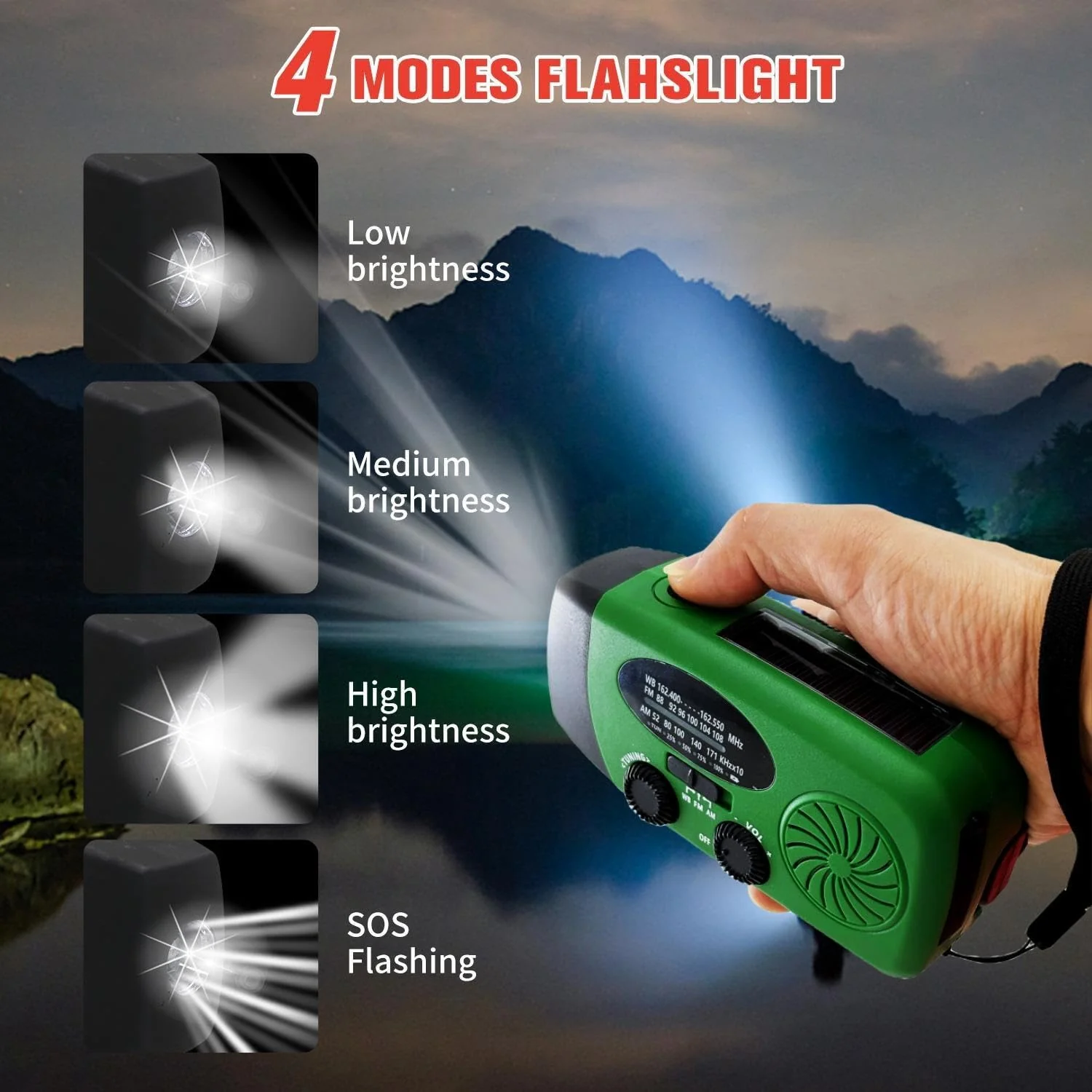 2000mAh Weather Emergency Radio, Portable Solar AM/FM/NOAA Hand Crank Radio, Cell Phone Charger with SOS, 1W LED Flashlight, Headphone Jack, Power for Emergency Preparedness (2000mAh Green) - Image 4