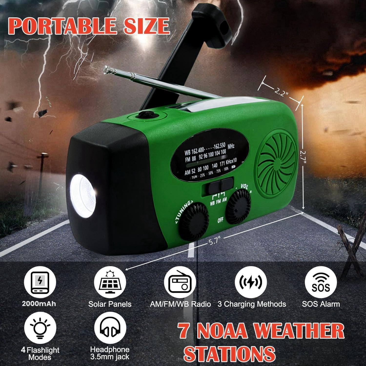 2000mAh Weather Emergency Radio, Portable Solar AM/FM/NOAA Hand Crank Radio, Cell Phone Charger with SOS, 1W LED Flashlight, Headphone Jack, Power for Emergency Preparedness (2000mAh Green) - Image 5