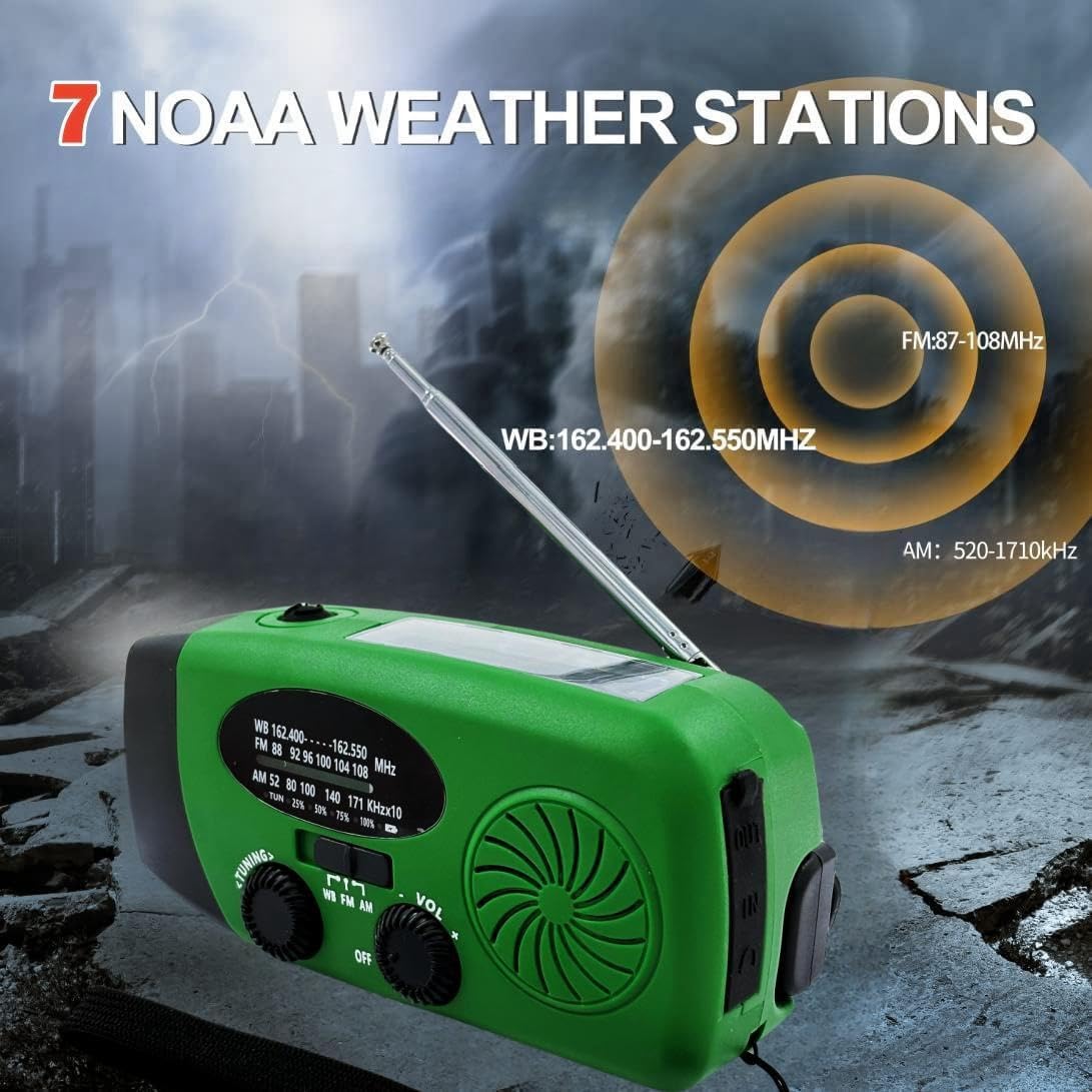 2000mAh Weather Emergency Radio, Portable Solar AM/FM/NOAA Hand Crank Radio, Cell Phone Charger with SOS, 1W LED Flashlight, Headphone Jack, Power for Emergency Preparedness (2000mAh Green) - Image 7