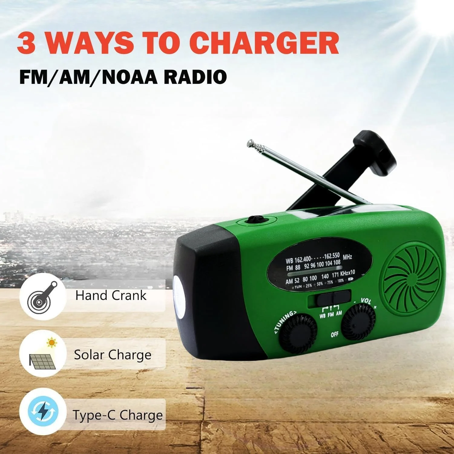 2000mAh Weather Emergency Radio, Portable Solar AM/FM/NOAA Hand Crank Radio, Cell Phone Charger with SOS, 1W LED Flashlight, Headphone Jack, Power for Emergency Preparedness (2000mAh Green) - Image 8