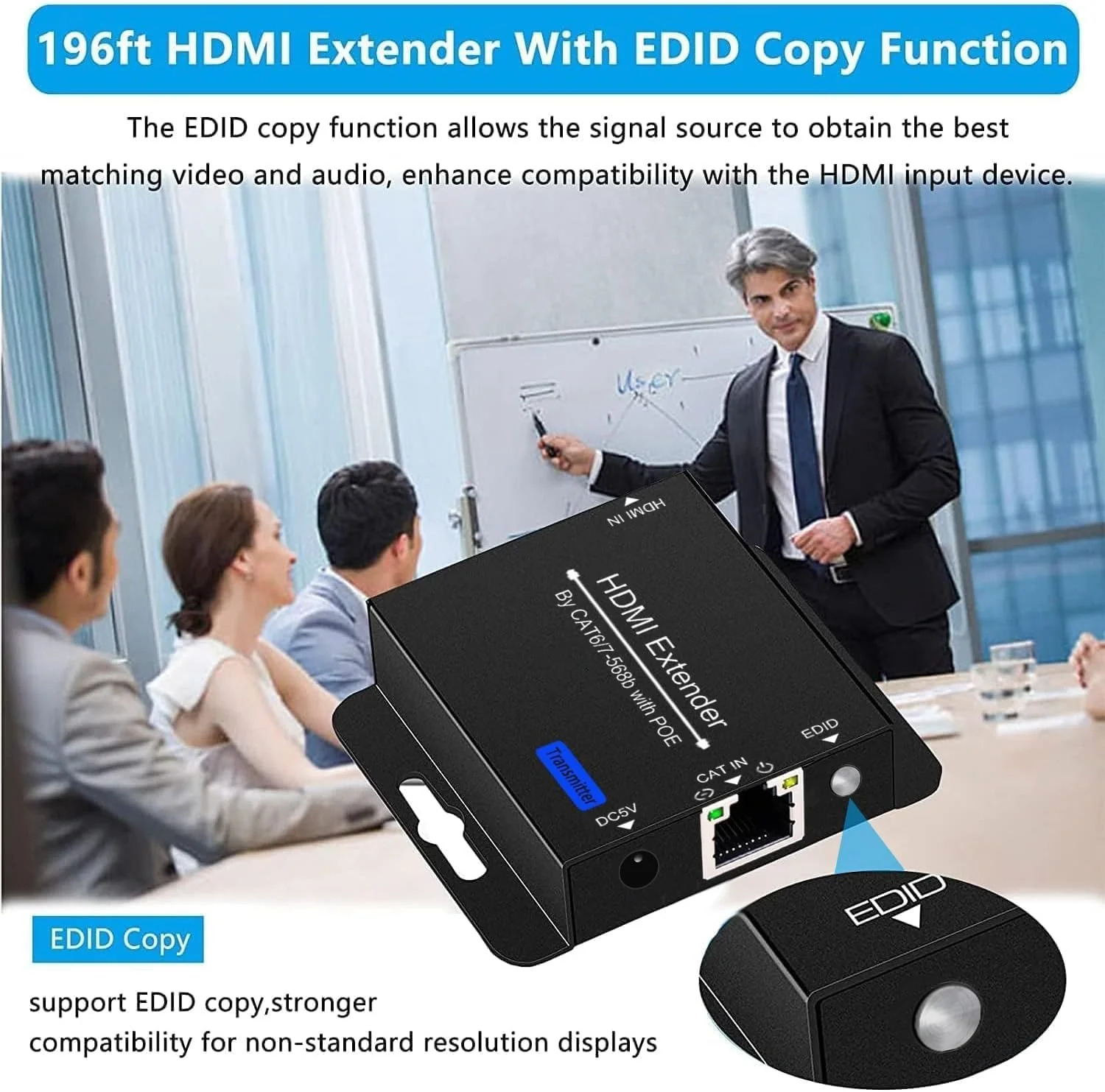 200ft HDMI Extender Over CAT6 CAT7 RJ45 Ethernet to HDMI Converter LAN Extension POC Support 1080P 3D EDID Copy Deep Color Compatible with PC PS4 Roku Unilateral Power Supply White - Image 2