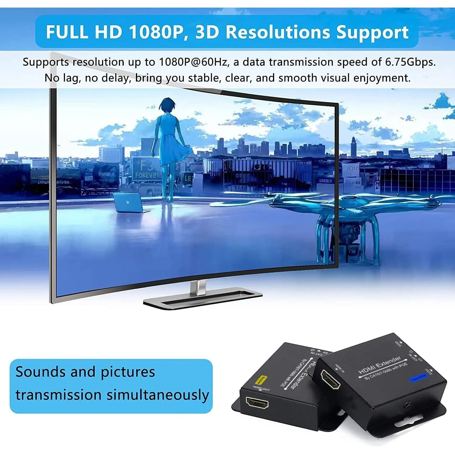 200ft HDMI Extender Over CAT6 CAT7 RJ45 Ethernet to HDMI Converter LAN Extension POC Support 1080P 3D EDID Copy Deep Color Compatible with PC PS4 Roku Unilateral Power Supply White - Image 3