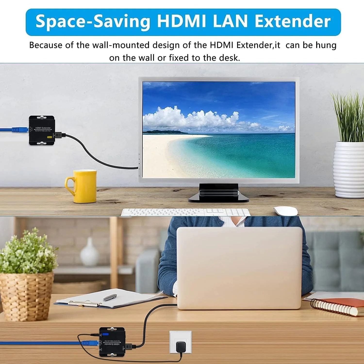 200ft HDMI Extender Over CAT6 CAT7 RJ45 Ethernet to HDMI Converter LAN Extension POC Support 1080P 3D EDID Copy Deep Color Compatible with PC PS4 Roku Unilateral Power Supply White - Image 4