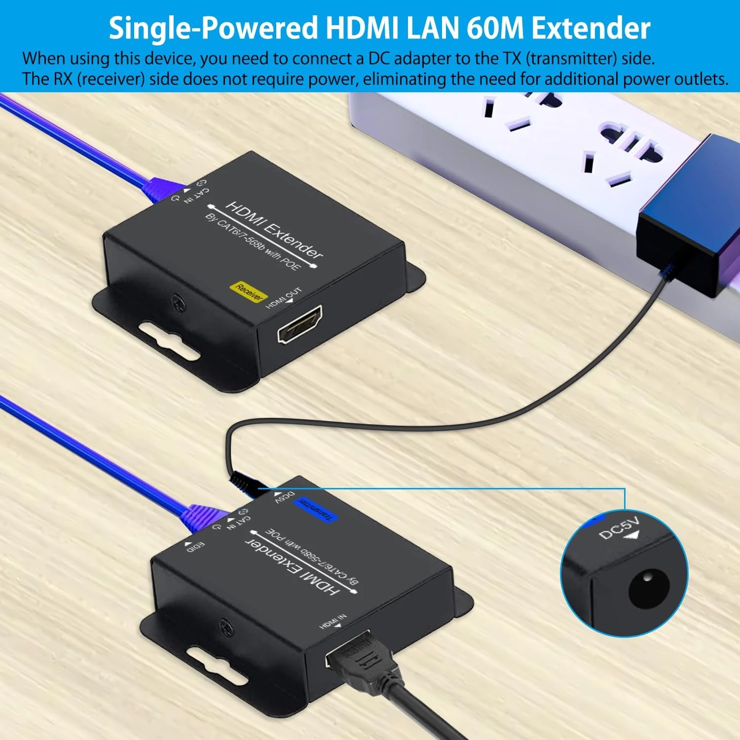 200ft HDMI Extender Over CAT6 CAT7 RJ45 Ethernet to HDMI Converter LAN Extension POC Support 1080P 3D EDID Copy Deep Color Compatible with PC PS4 Roku Unilateral Power Supply White - Image 5