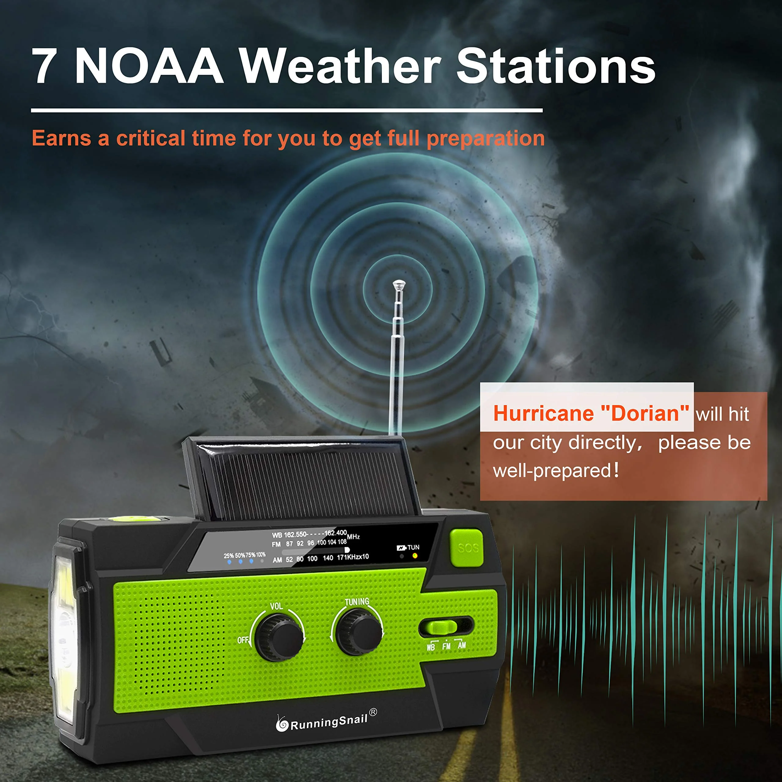 【2021 Newest】RunningSnail Emergency Crank Radio，4000mAh-Solar Hand Crank Portable AM/FM/NOAA Weather Radio with 1W Flashlight&Motion Sensor Reading Lamp，Cell Phone Charger, SOS for Home and Emergency Green - Image 2