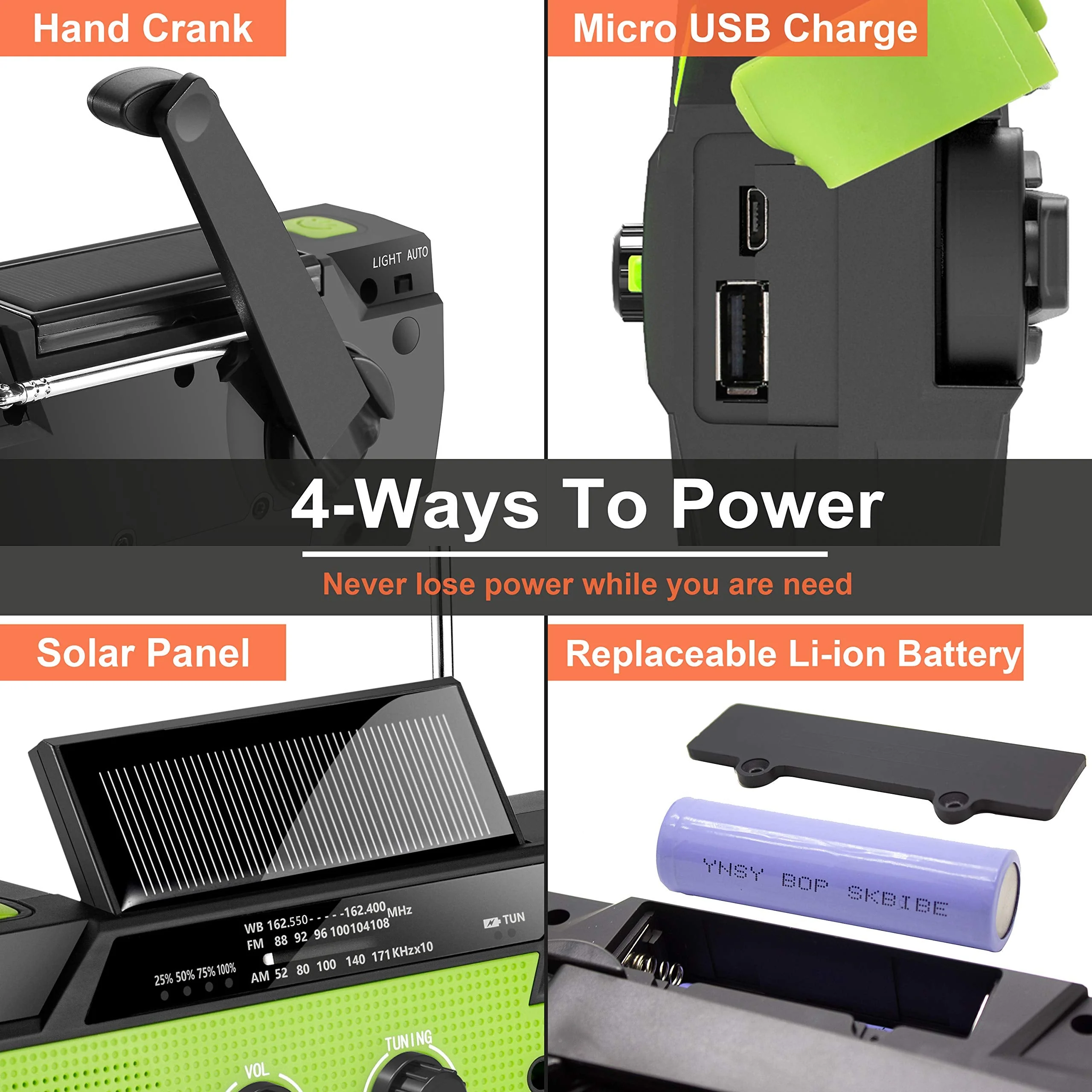 【2021 Newest】RunningSnail Emergency Crank Radio，4000mAh-Solar Hand Crank Portable AM/FM/NOAA Weather Radio with 1W Flashlight&Motion Sensor Reading Lamp，Cell Phone Charger, SOS for Home and Emergency Green - Image 4