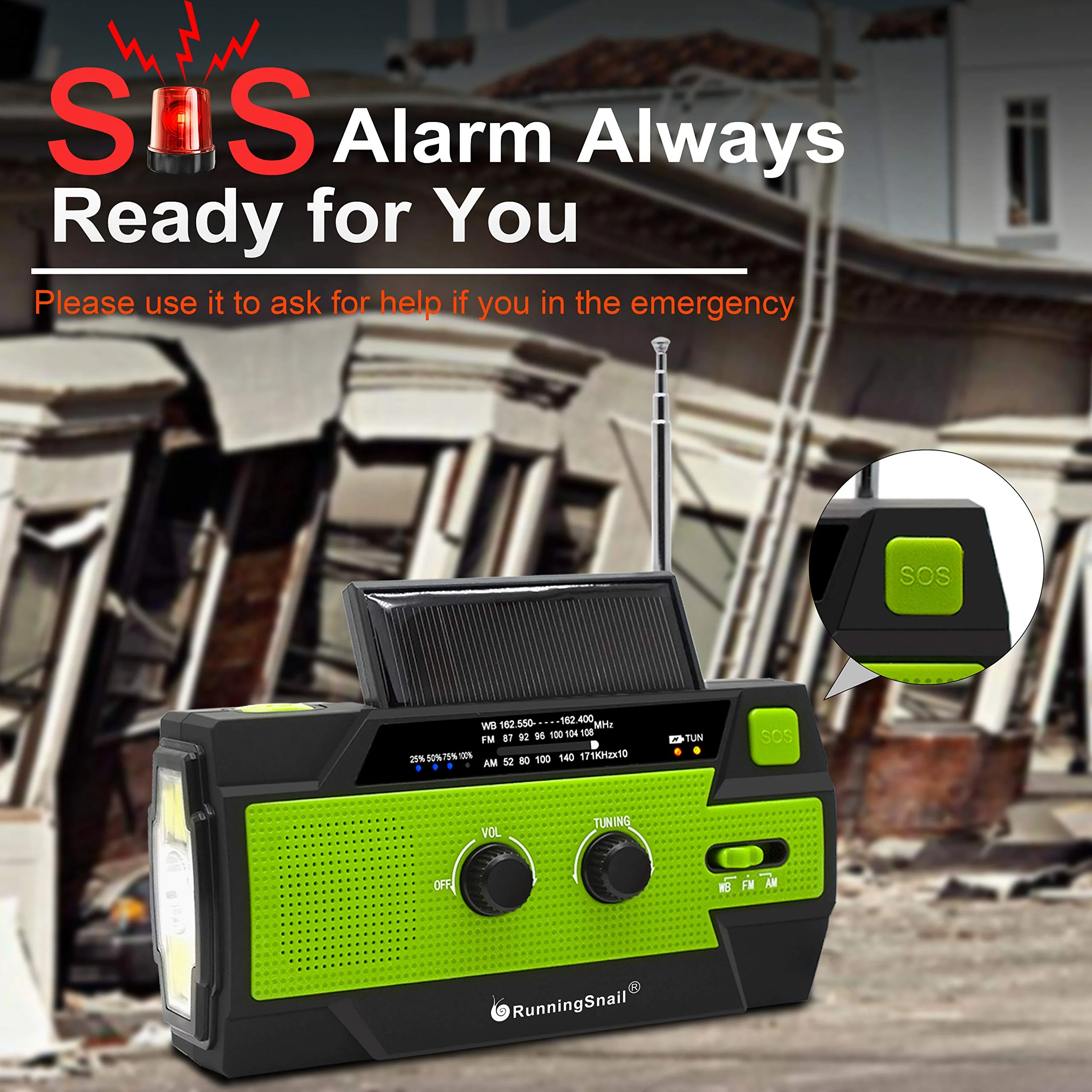 【2021 Newest】RunningSnail Emergency Crank Radio，4000mAh-Solar Hand Crank Portable AM/FM/NOAA Weather Radio with 1W Flashlight&Motion Sensor Reading Lamp，Cell Phone Charger, SOS for Home and Emergency Green - Image 5