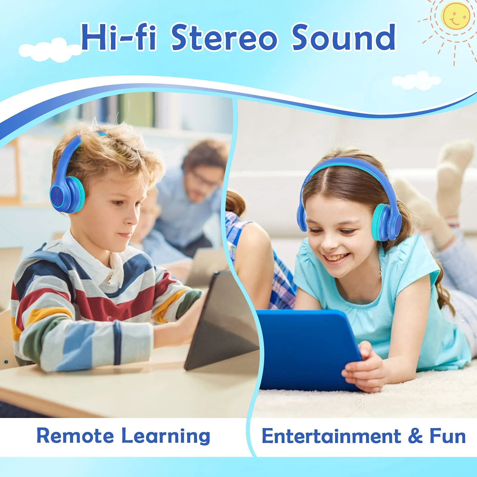 2023 Bluetcooth Kids Headphones Fit for Aged 3-21, Colorful LED Lights Comfort Wireless Headphones with Microphone 94dB Volume Limited for School/iPad/PC/TV/Cellphones, Wired & TF Card Mode, Blue - Image 2