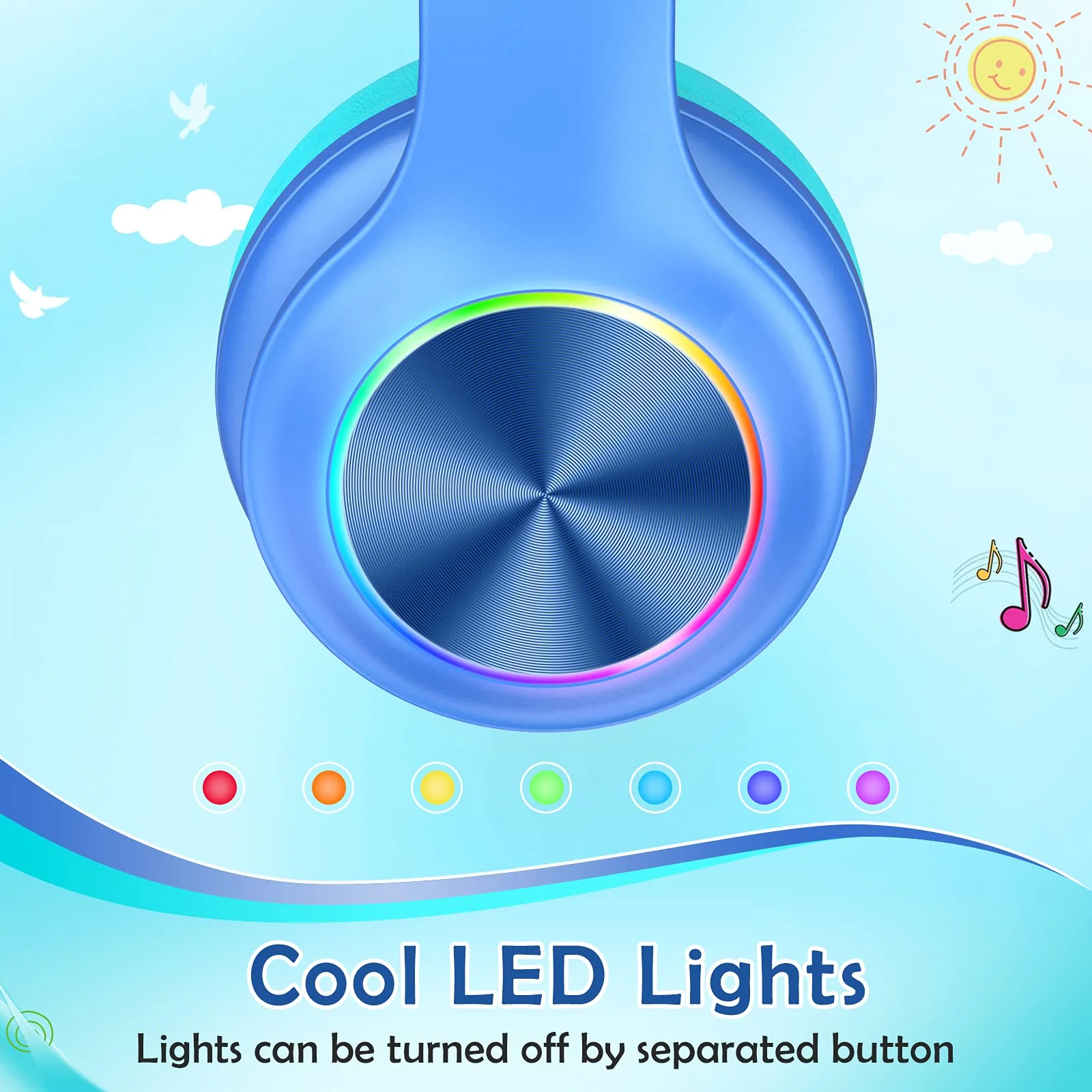 2023 Bluetcooth Kids Headphones Fit for Aged 3-21, Colorful LED Lights Comfort Wireless Headphones with Microphone 94dB Volume Limited for School/iPad/PC/TV/Cellphones, Wired & TF Card Mode, Blue - Image 3
