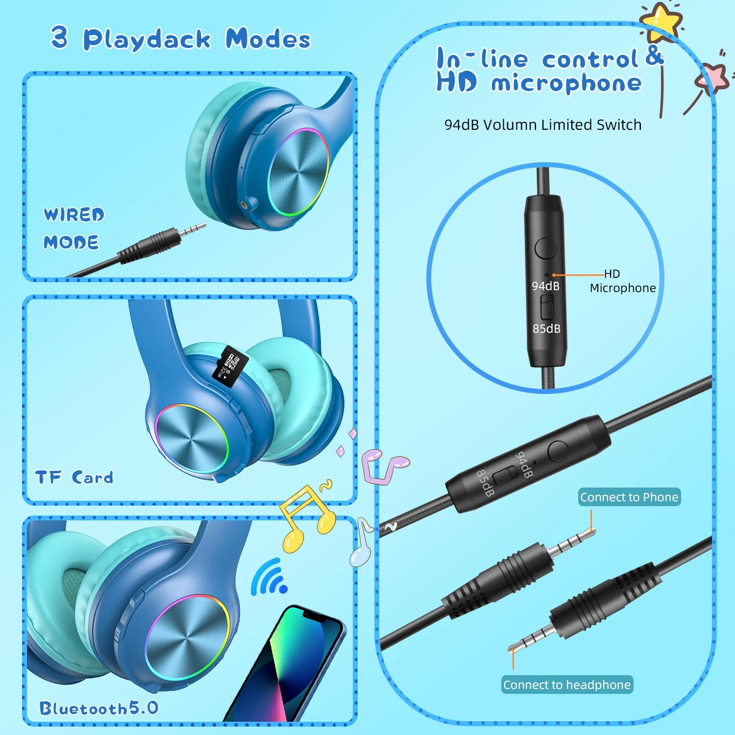 2023 Bluetcooth Kids Headphones Fit for Aged 3-21, Colorful LED Lights Comfort Wireless Headphones with Microphone 94dB Volume Limited for School/iPad/PC/TV/Cellphones, Wired & TF Card Mode, Blue - Image 5