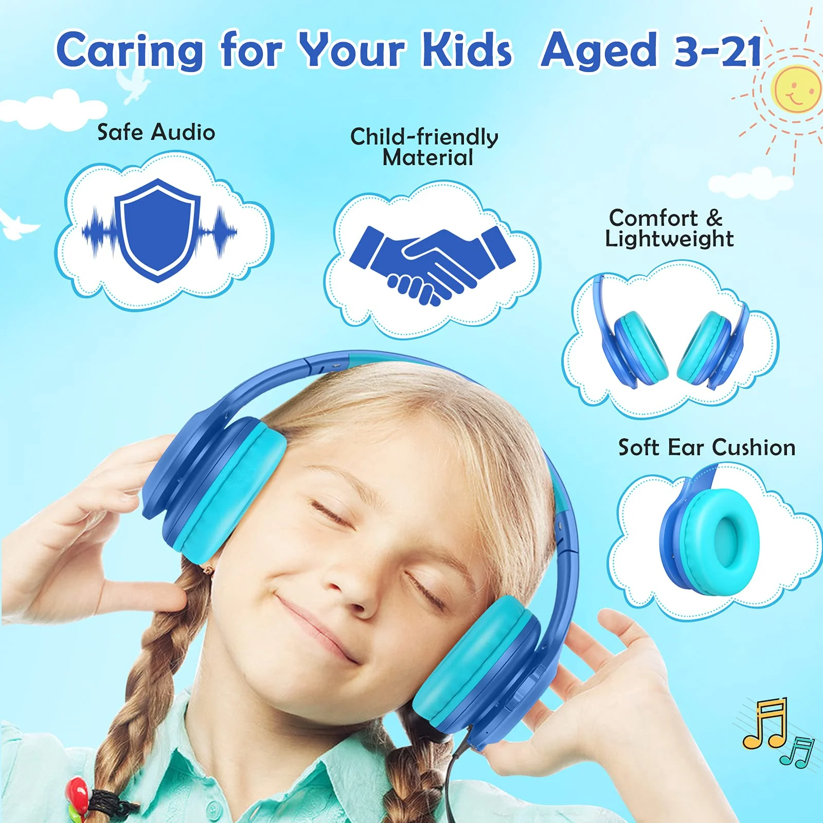 2023 Bluetcooth Kids Headphones Fit for Aged 3-21, Colorful LED Lights Comfort Wireless Headphones with Microphone 94dB Volume Limited for School/iPad/PC/TV/Cellphones, Wired & TF Card Mode, Blue - Image 6