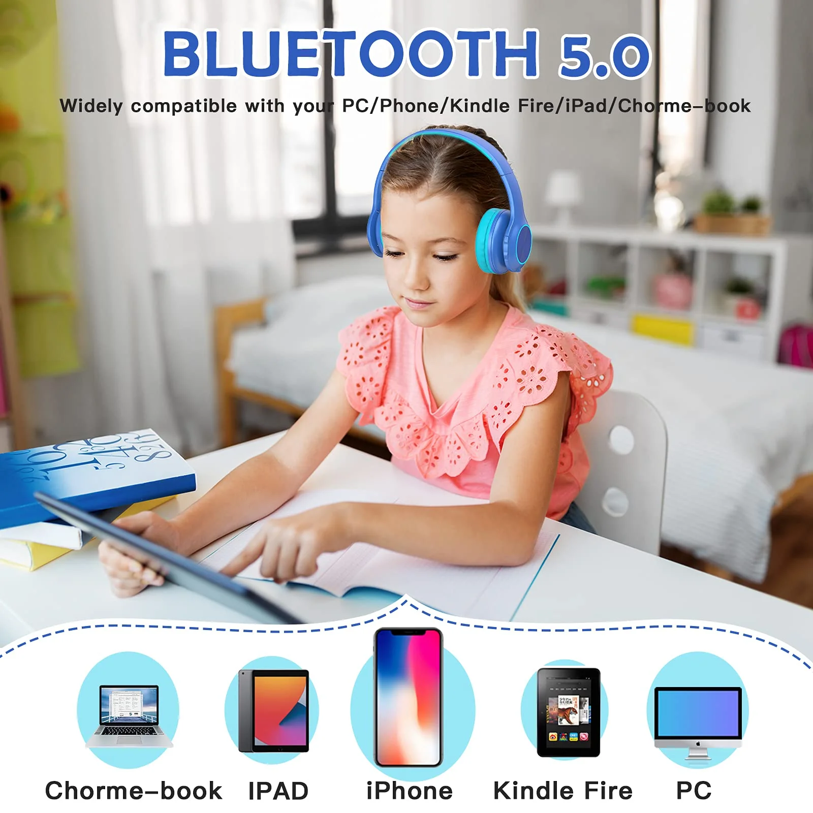 2023 Bluetcooth Kids Headphones Fit for Aged 3-21, Colorful LED Lights Comfort Wireless Headphones with Microphone 94dB Volume Limited for School/iPad/PC/TV/Cellphones, Wired & TF Card Mode, Blue - Image 7