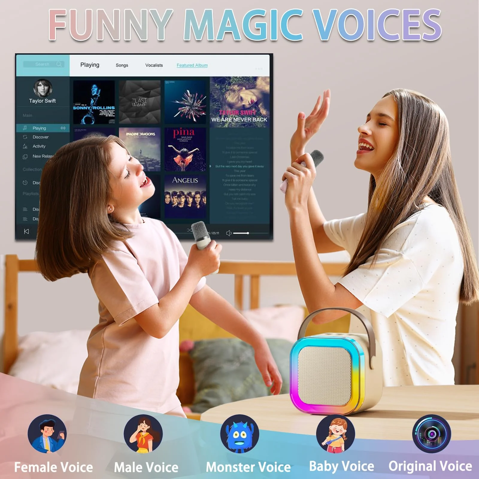 2024 Mini Karaoke Machine for Kids Adults, Portable Bluetooth Karaoke Speaker with 2 Wireless Microphones, Ideal Gifts for Girls Boys Age 4-12+, Perfect for Birthday Parties, Home, Outdoor beige - Image 2