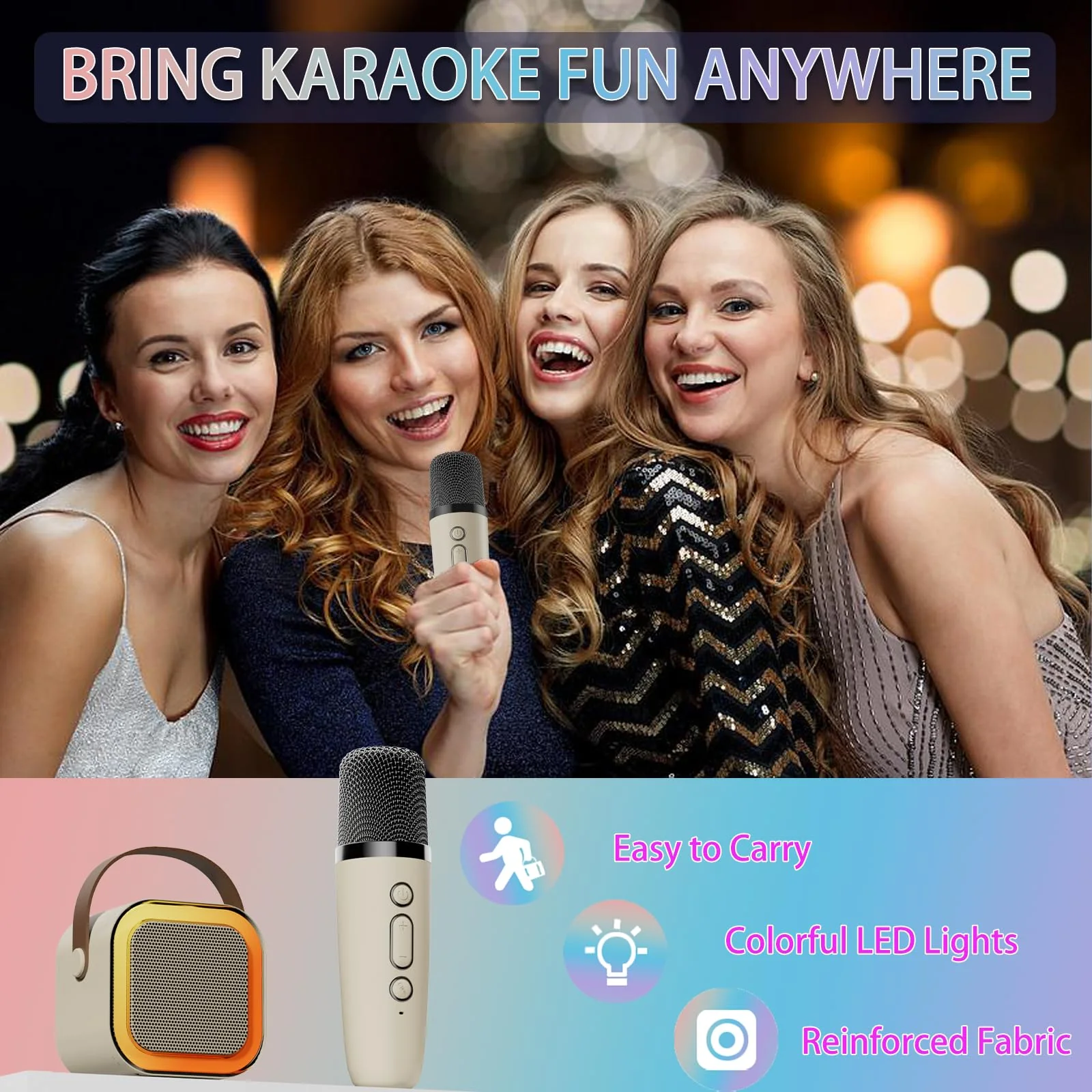 2024 Mini Karaoke Machine for Kids Adults, Portable Bluetooth Karaoke Speaker with 2 Wireless Microphones, Ideal Gifts for Girls Boys Age 4-12+, Perfect for Birthday Parties, Home, Outdoor beige - Image 3
