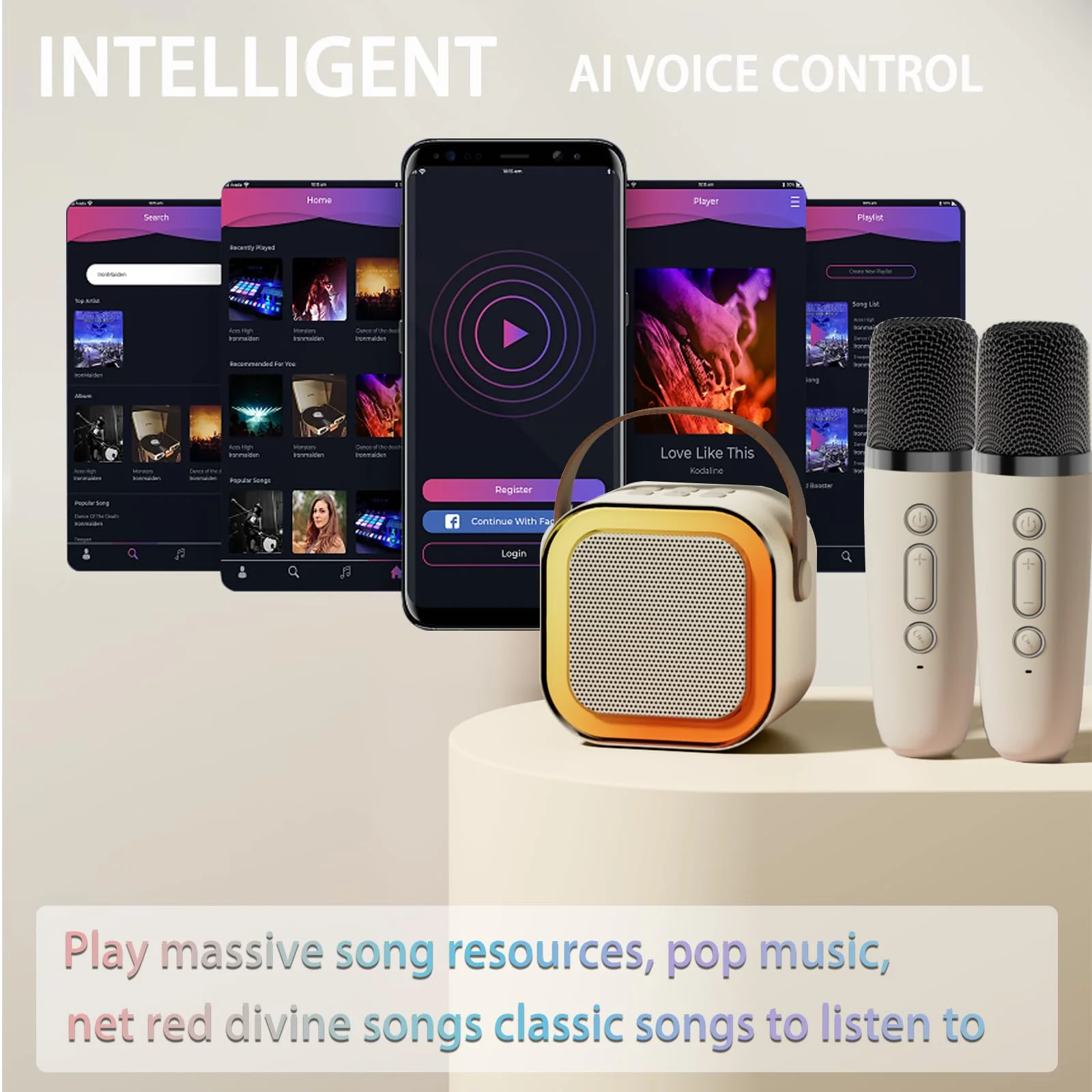 2024 Mini Karaoke Machine for Kids Adults, Portable Bluetooth Karaoke Speaker with 2 Wireless Microphones, Ideal Gifts for Girls Boys Age 4-12+, Perfect for Birthday Parties, Home, Outdoor beige - Image 4