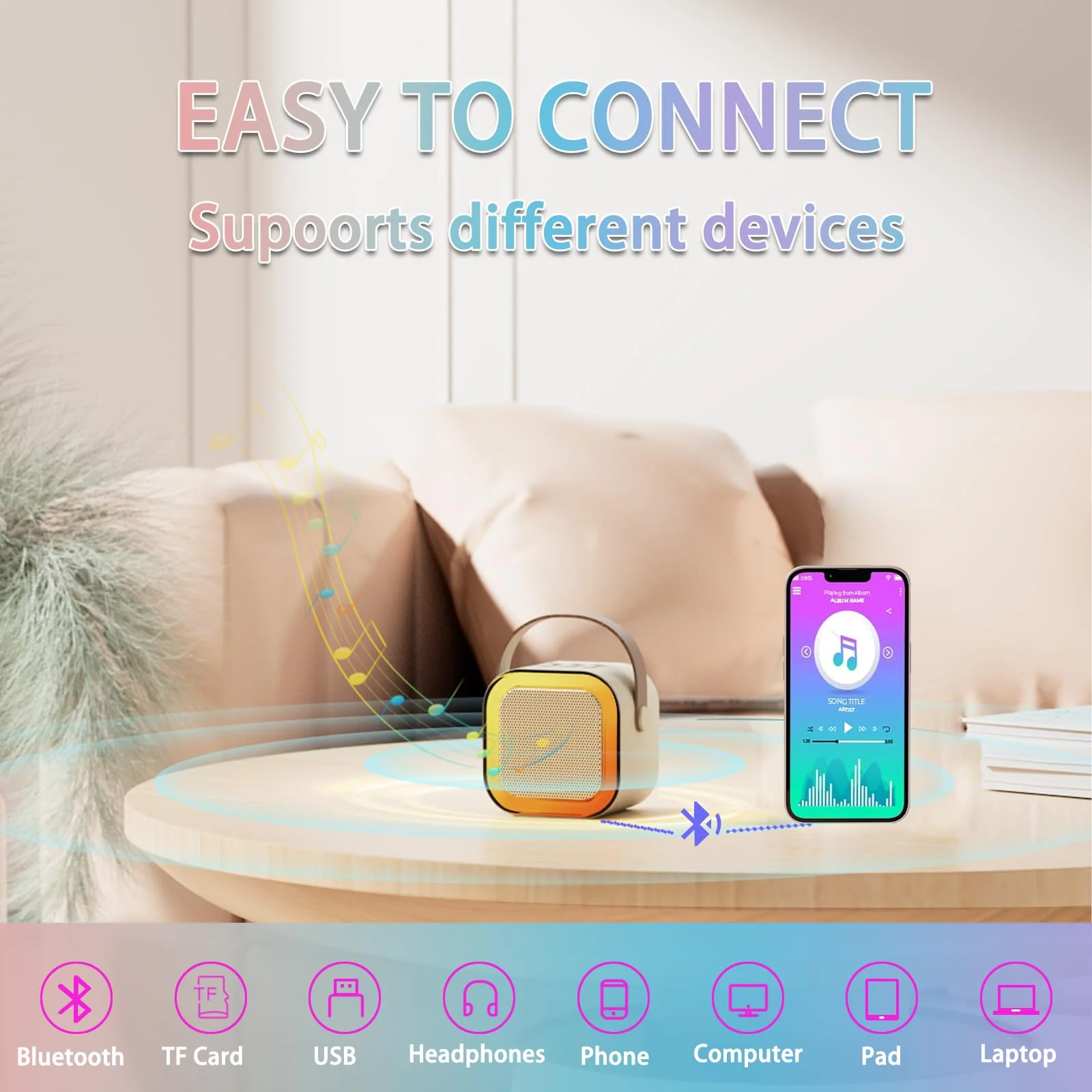 2024 Mini Karaoke Machine for Kids Adults, Portable Bluetooth Karaoke Speaker with 2 Wireless Microphones, Ideal Gifts for Girls Boys Age 4-12+, Perfect for Birthday Parties, Home, Outdoor beige - Image 5