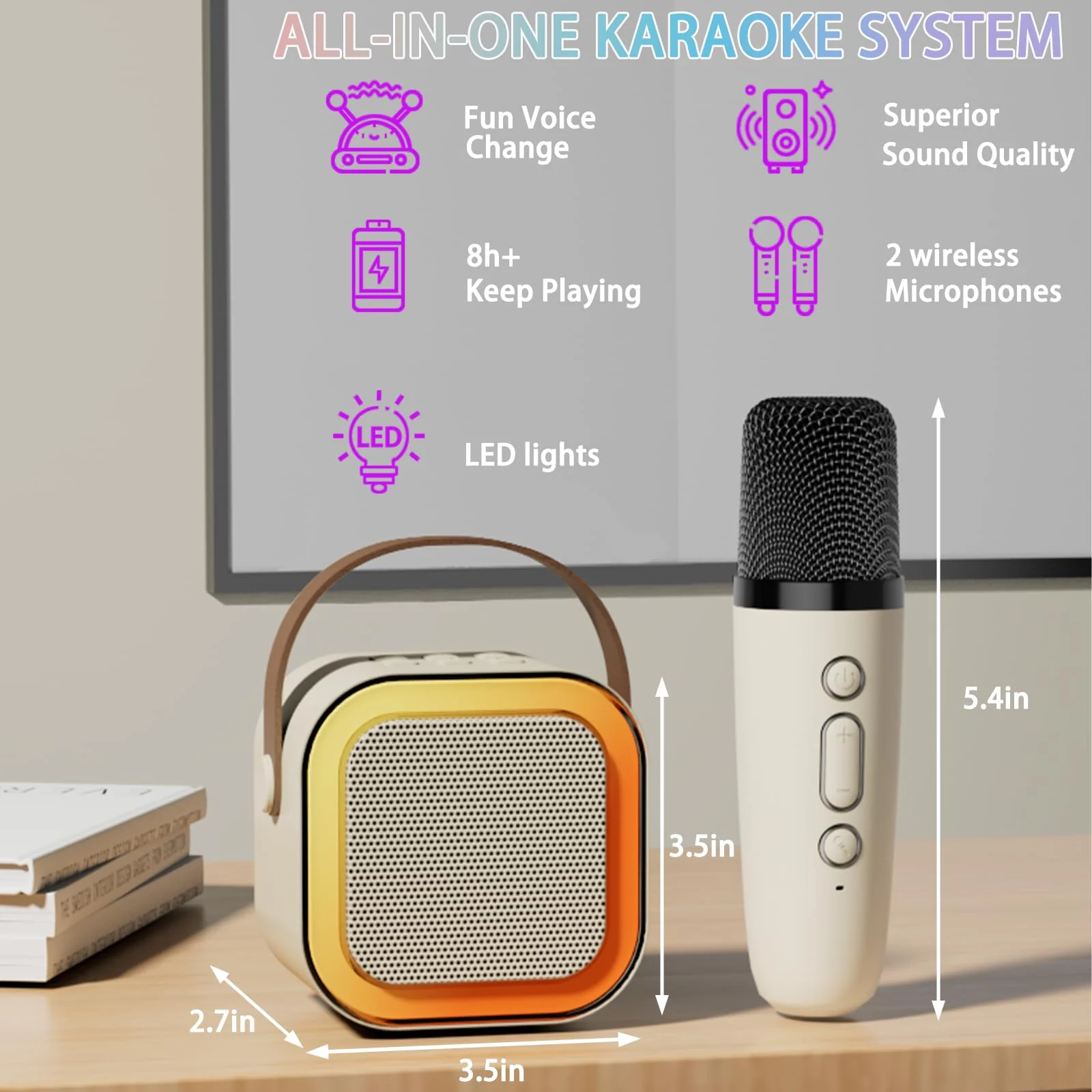 2024 Mini Karaoke Machine for Kids Adults, Portable Bluetooth Karaoke Speaker with 2 Wireless Microphones, Ideal Gifts for Girls Boys Age 4-12+, Perfect for Birthday Parties, Home, Outdoor beige - Image 7