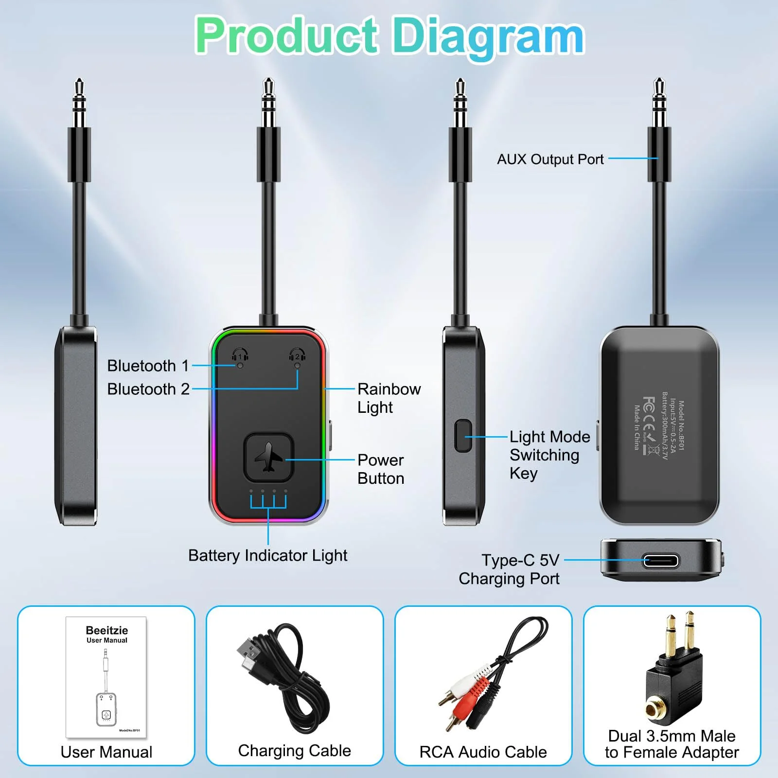 2024 Upgraded Pro Airplane Bluetooth 5.4 Transmitter for All Headphones, aptX LL, Supports 2 Headphones/AirPods, Wireless Audio Adapter for in-Flight, TV, Gym, Tablets，Metal Frame Black - Image 2