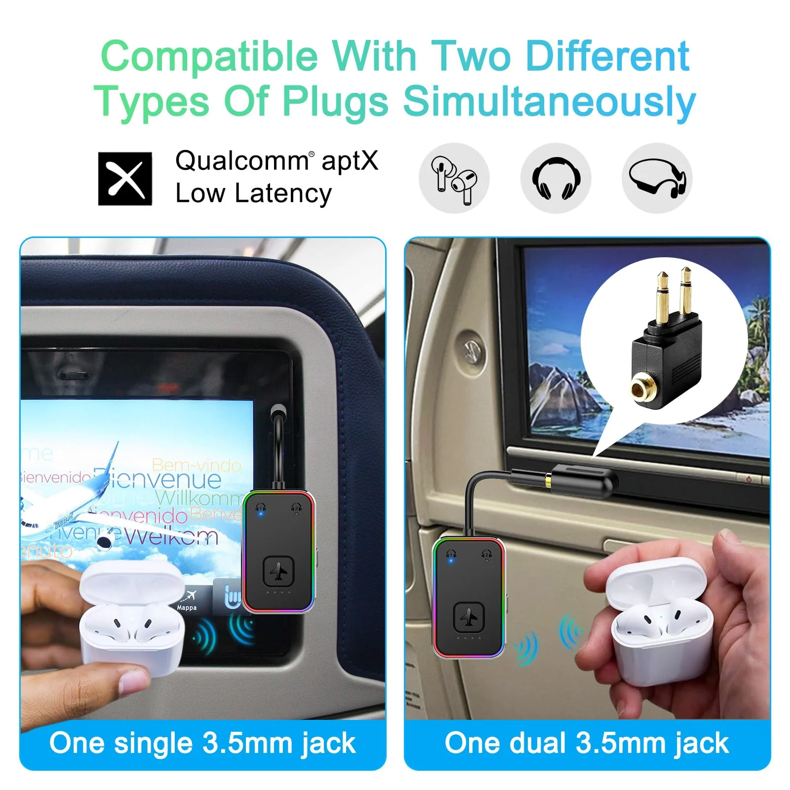 2024 Upgraded Pro Airplane Bluetooth 5.4 Transmitter for All Headphones, aptX LL, Supports 2 Headphones/AirPods, Wireless Audio Adapter for in-Flight, TV, Gym, Tablets，Metal Frame Black - Image 3