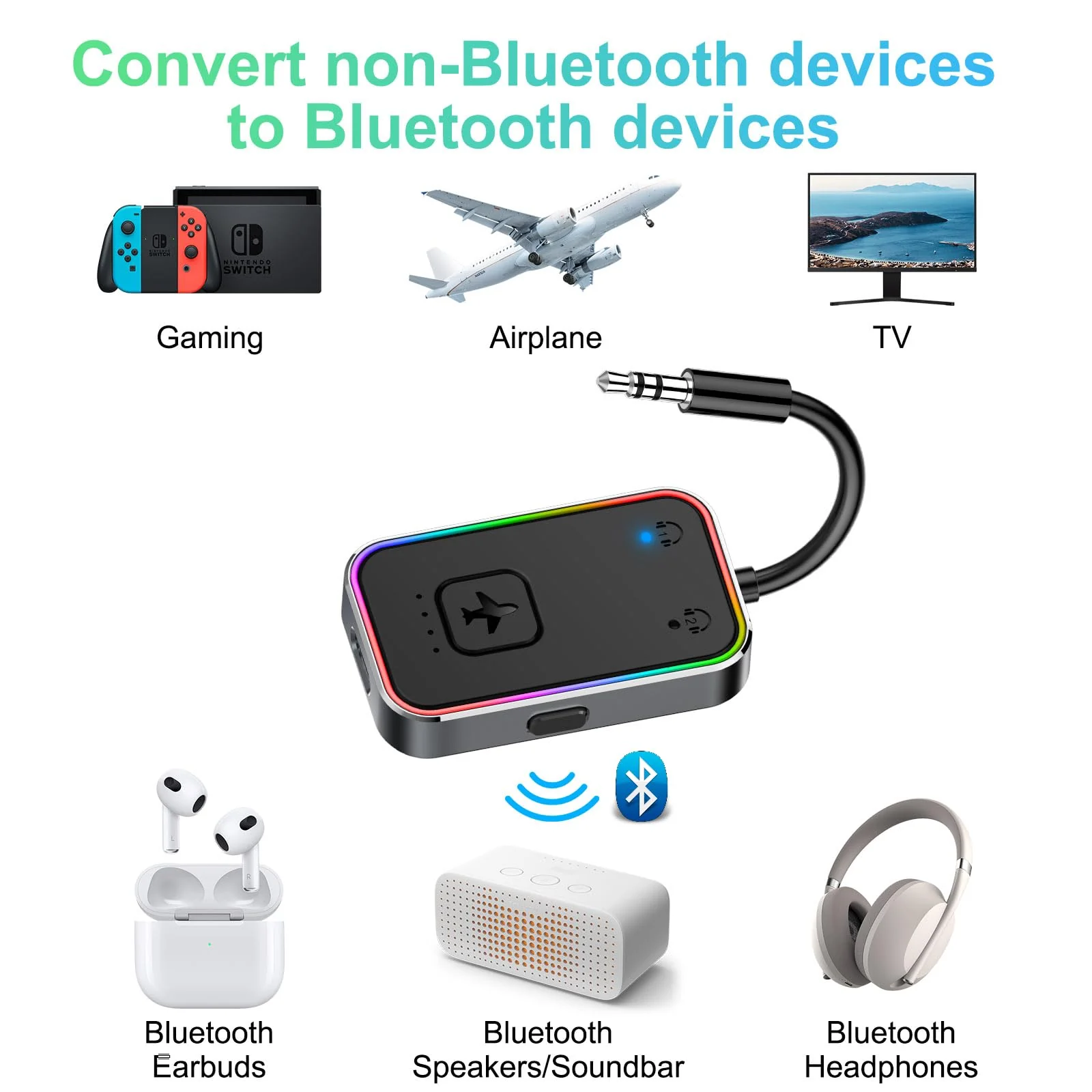 2024 Upgraded Pro Airplane Bluetooth 5.4 Transmitter for All Headphones, aptX LL, Supports 2 Headphones/AirPods, Wireless Audio Adapter for in-Flight, TV, Gym, Tablets，Metal Frame Black - Image 5
