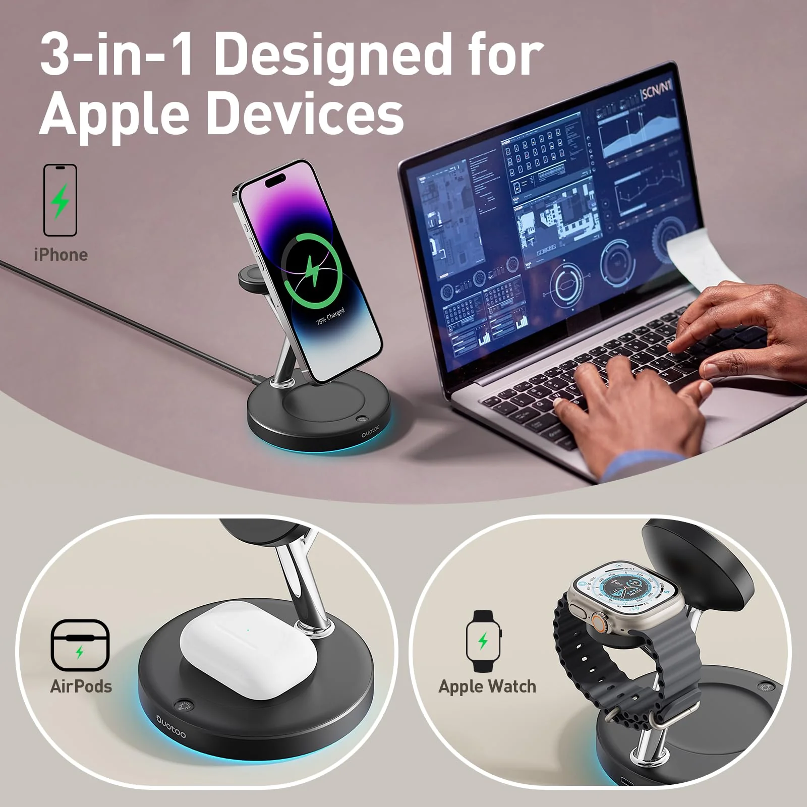 2024 Version 3 in 1 30W Supper Fast Wireless Charging Station for iPhone Apple Watch AirPods, Magnetic Charger Stand Dock Multiple Devices for 15/14/13/12/, iWatch, AirPods 3 2 Pro (black) black - Image 4
