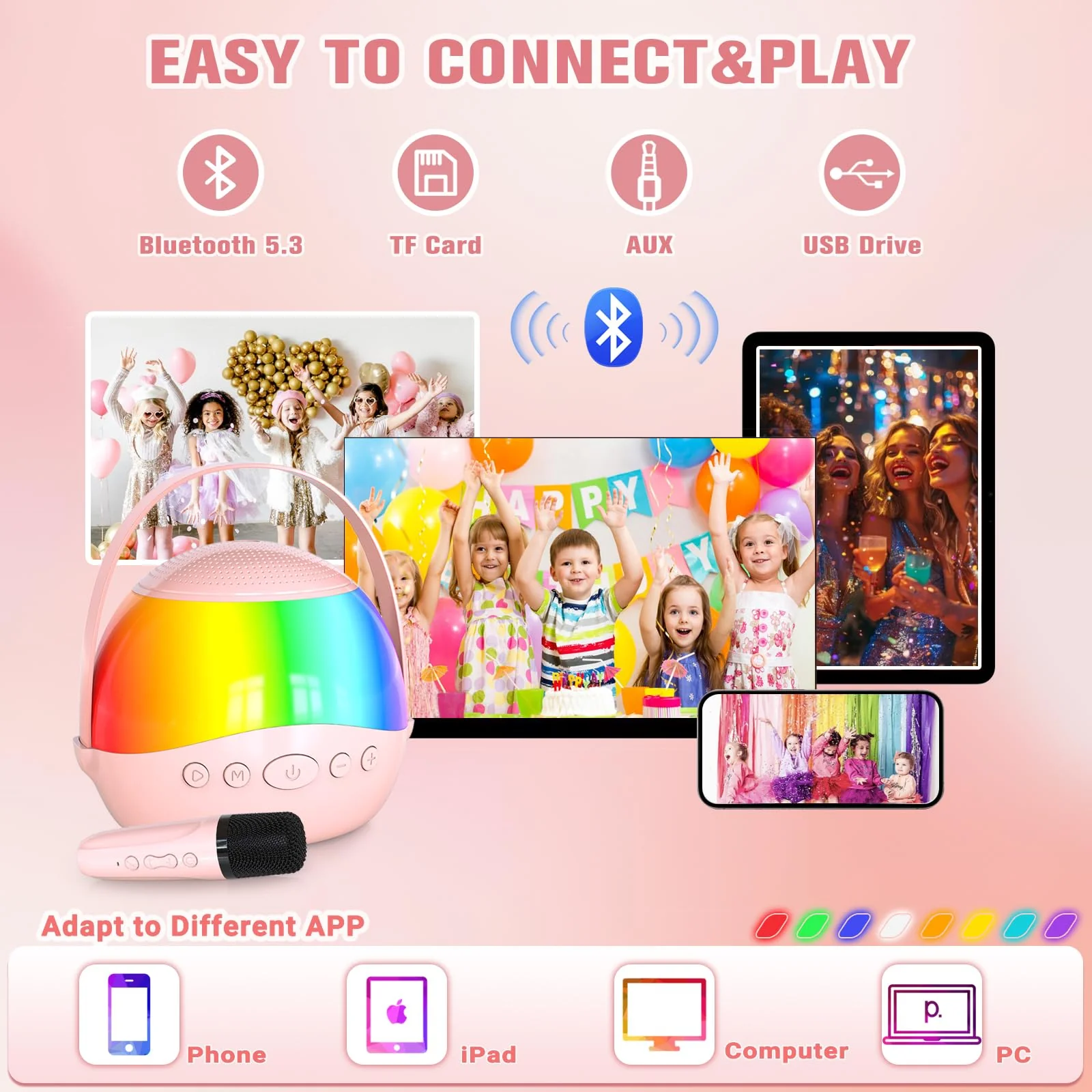 2025 New Mini Karaoke Machine Speaker for Kids Adults,Portable Bluetooth Speaker with 2 Wireless Mics,Colorful LED Lights, Home Travel & Party Play Gifts for Boys Girls (Pink) Pink - Image 2
