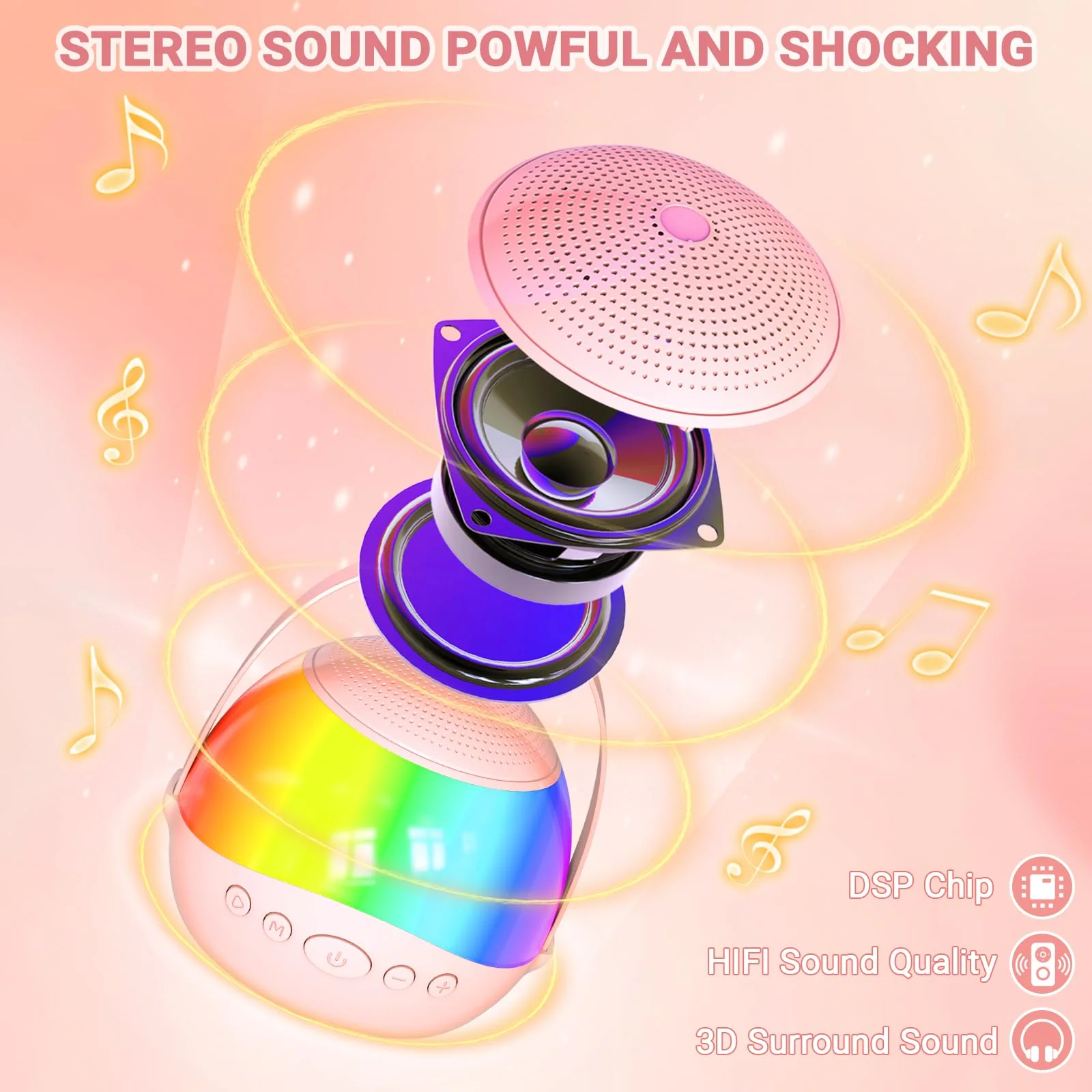 2025 New Mini Karaoke Machine Speaker for Kids Adults,Portable Bluetooth Speaker with 2 Wireless Mics,Colorful LED Lights, Home Travel & Party Play Gifts for Boys Girls (Pink) Pink - Image 3