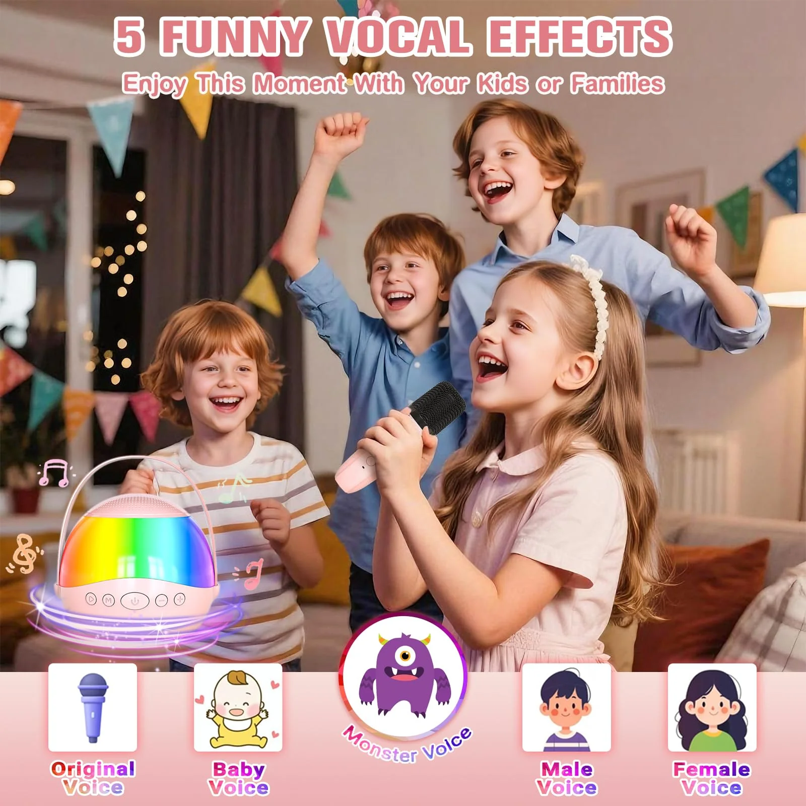 2025 New Mini Karaoke Machine Speaker for Kids Adults,Portable Bluetooth Speaker with 2 Wireless Mics,Colorful LED Lights, Home Travel & Party Play Gifts for Boys Girls (Pink) Pink - Image 4