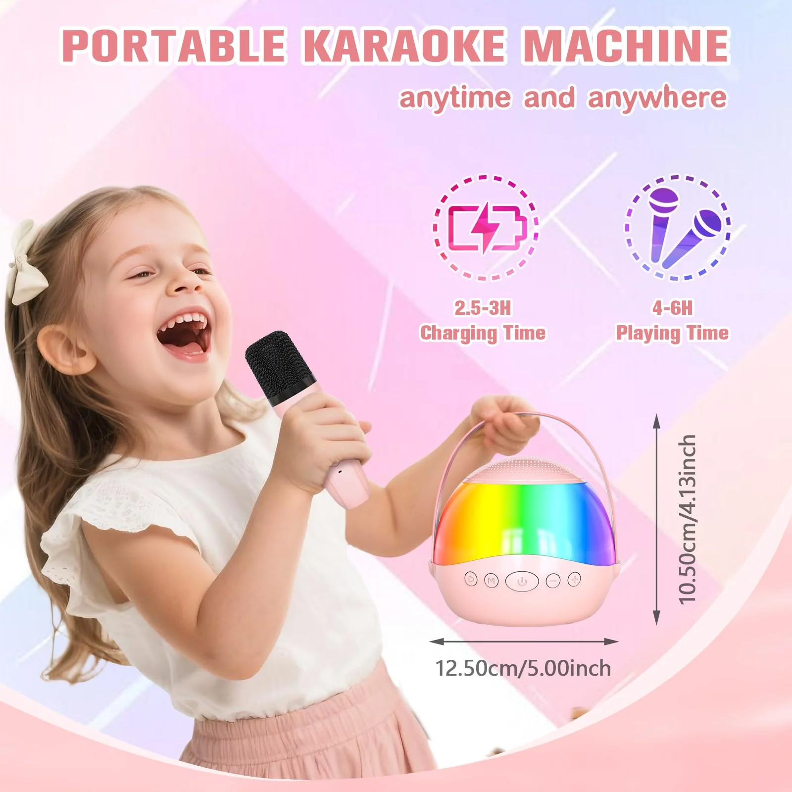 2025 New Mini Karaoke Machine Speaker for Kids Adults,Portable Bluetooth Speaker with 2 Wireless Mics,Colorful LED Lights, Home Travel & Party Play Gifts for Boys Girls (Pink) Pink - Image 5