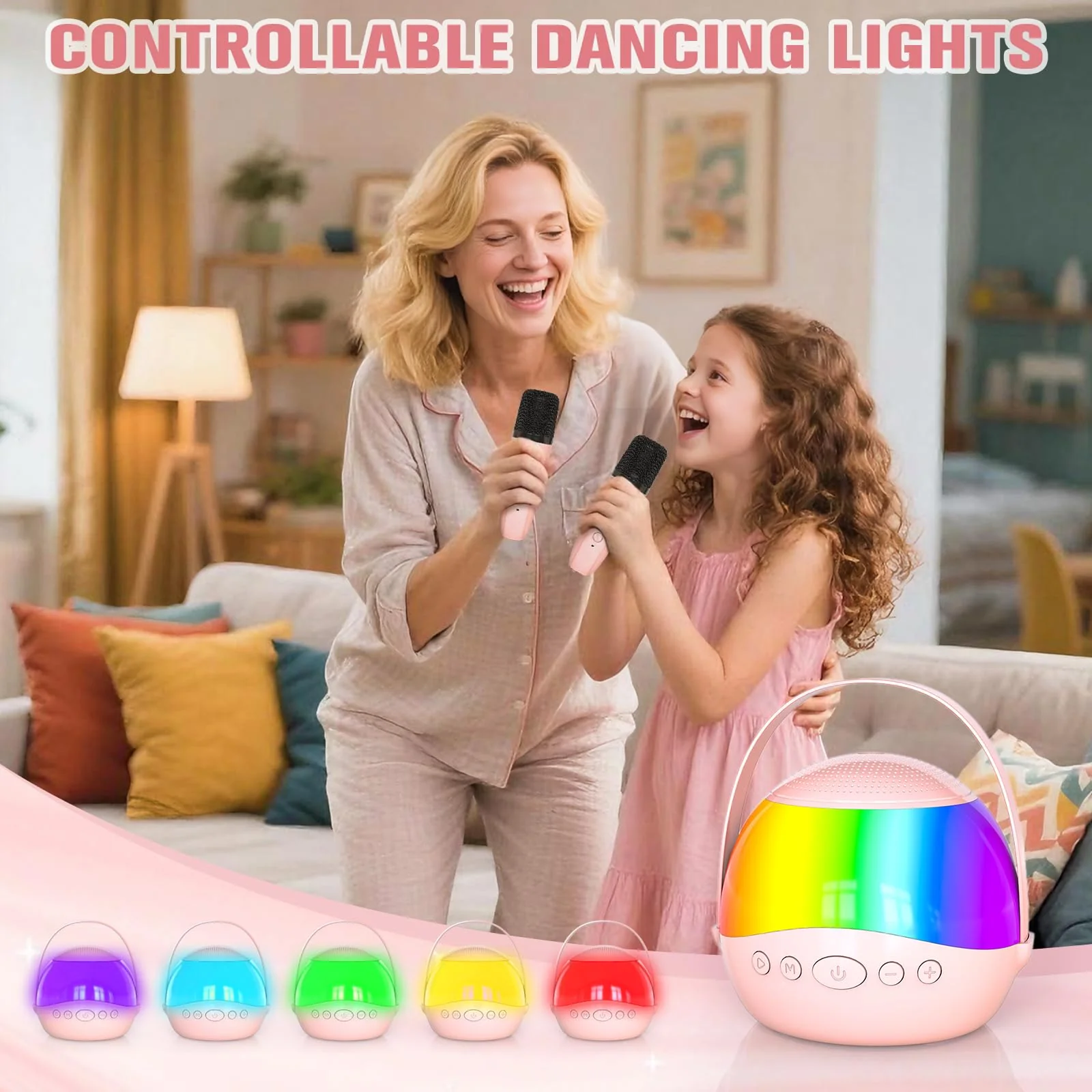 2025 New Mini Karaoke Machine Speaker for Kids Adults,Portable Bluetooth Speaker with 2 Wireless Mics,Colorful LED Lights, Home Travel & Party Play Gifts for Boys Girls (Pink) Pink - Image 6
