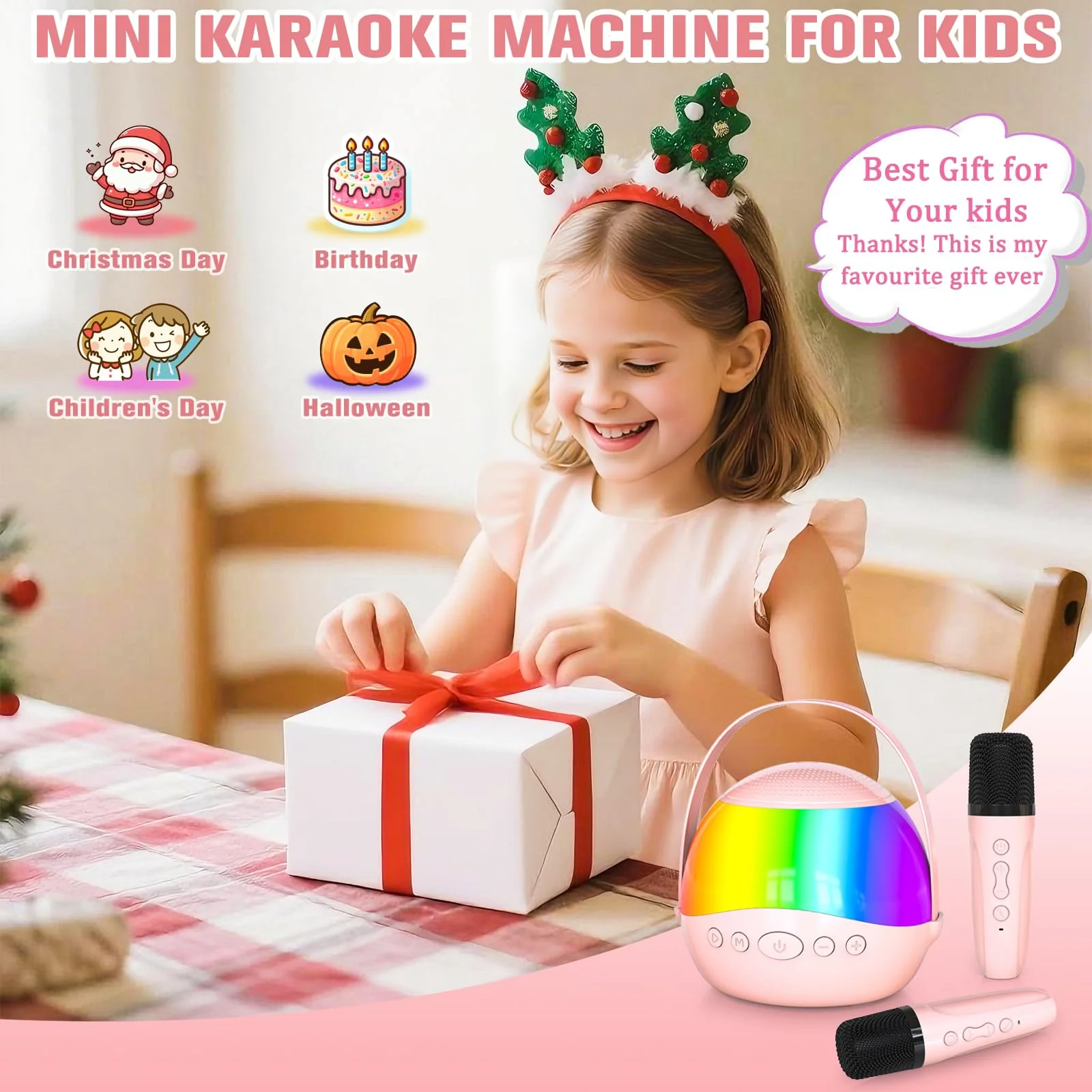 2025 New Mini Karaoke Machine Speaker for Kids Adults,Portable Bluetooth Speaker with 2 Wireless Mics,Colorful LED Lights, Home Travel & Party Play Gifts for Boys Girls (Pink) Pink - Image 7