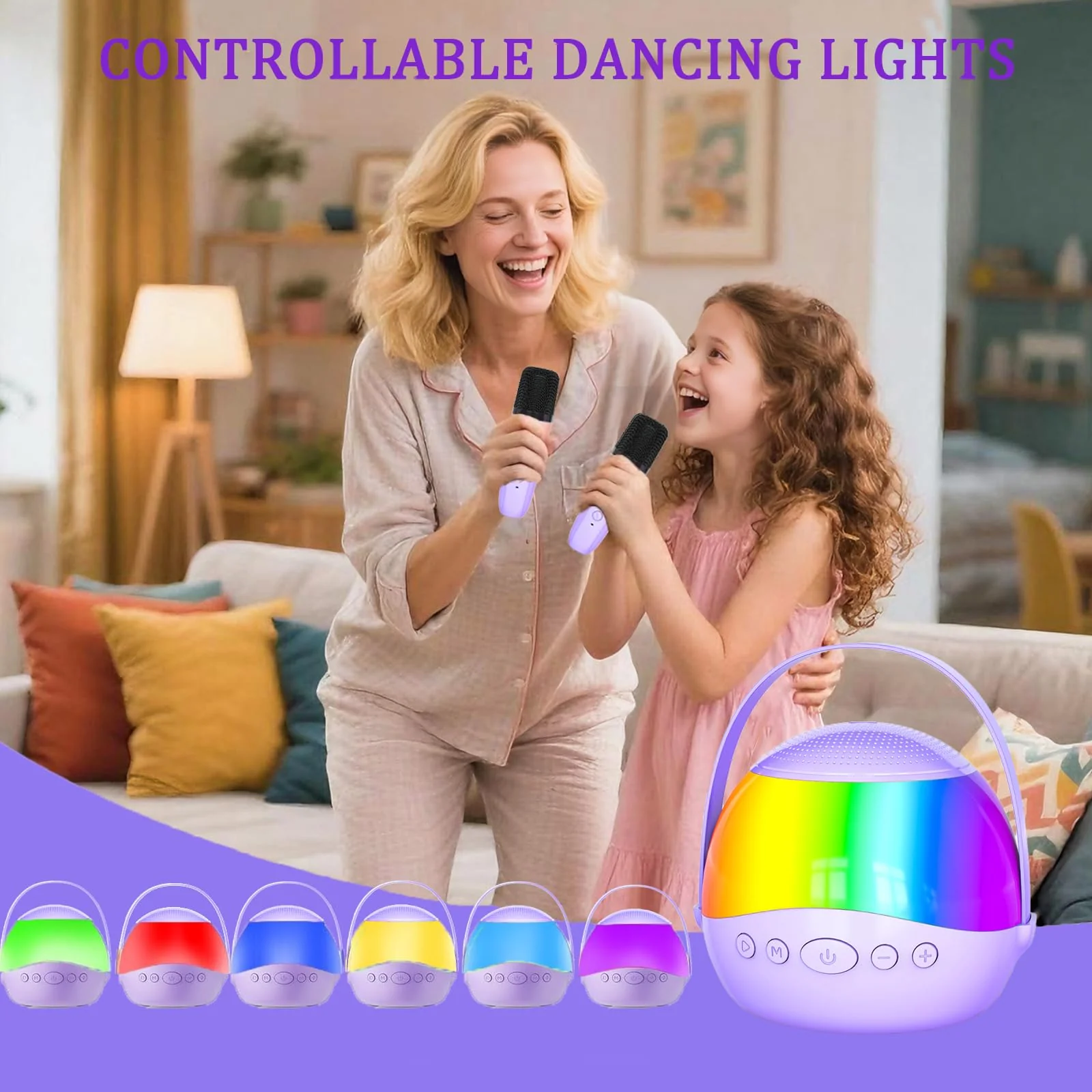2025 New Mini Karaoke Machine Speaker for Kids Adults,Portable Bluetooth Speaker with 2 Wireless Mics,Colorful LED Lights, Home Travel & Party Play Gifts for Boys Girls (Purple) Purple - Image 5