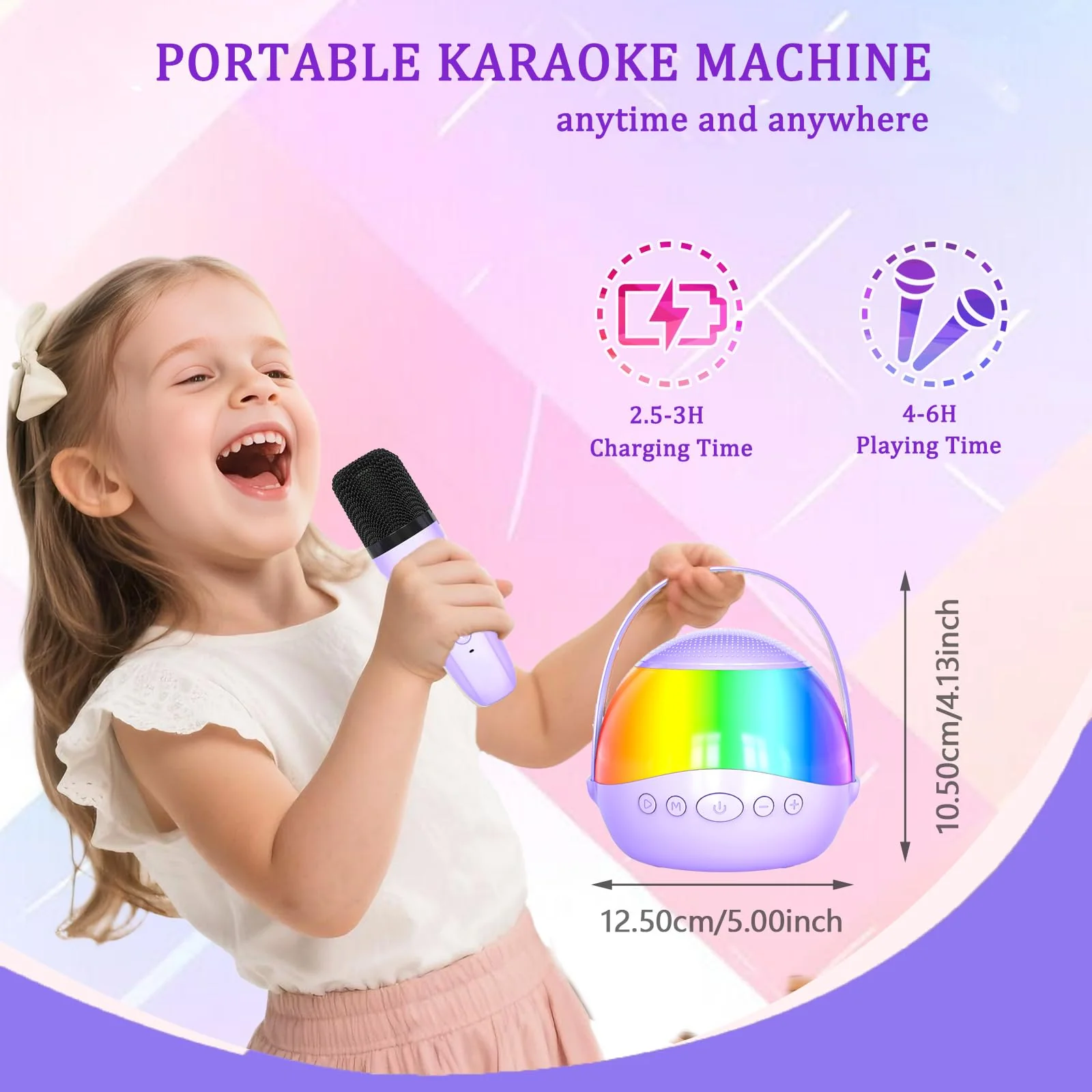 2025 New Mini Karaoke Machine Speaker for Kids Adults,Portable Bluetooth Speaker with 2 Wireless Mics,Colorful LED Lights, Home Travel & Party Play Gifts for Boys Girls (Purple) Purple - Image 6