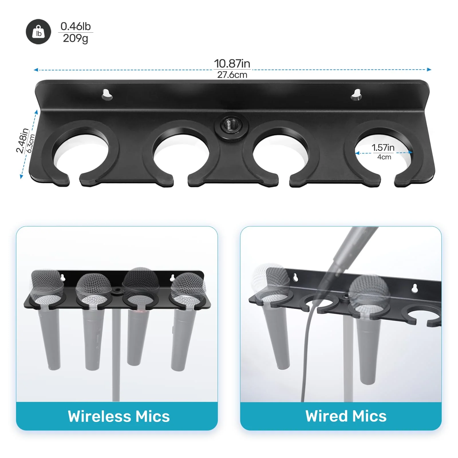 2025 Upgrade Multi Microphone Holder for Mic Stand Storage Organizer for Handheld Dynamic Wired and Wireless Mics Wall Mount or Rubber Padding to 5/8"-27 or 3/8"-16 Threaded - Up to 4 Mics Mic UP to 4 - Black - Image 5