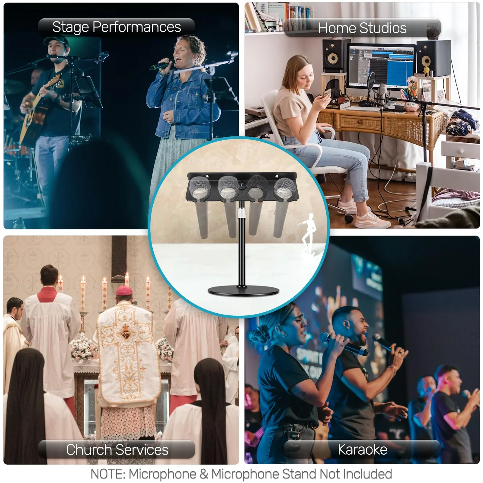 2025 Upgrade Multi Microphone Holder for Mic Stand Storage Organizer for Handheld Dynamic Wired and Wireless Mics Wall Mount or Rubber Padding to 5/8"-27 or 3/8"-16 Threaded - Up to 4 Mics Mic UP to 4 - Black - Image 6