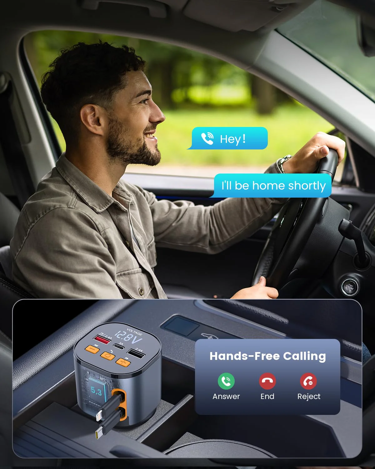 [2025 Upgraded] 81W Retractable PD Car Charger with Bluetooth 5.3, FM Transmitter, Hands-Free Calling, MP3 Player, USB & LED Display – USB-C Bluetooth Adapter for All Phones - Image 5