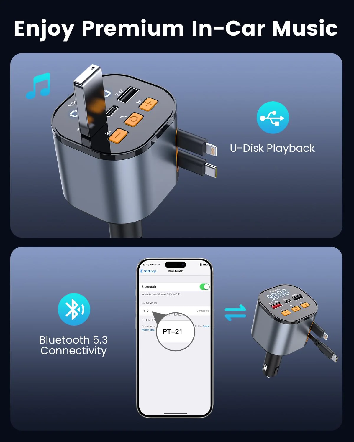 [2025 Upgraded] 81W Retractable PD Car Charger with Bluetooth 5.3, FM Transmitter, Hands-Free Calling, MP3 Player, USB & LED Display – USB-C Bluetooth Adapter for All Phones - Image 6