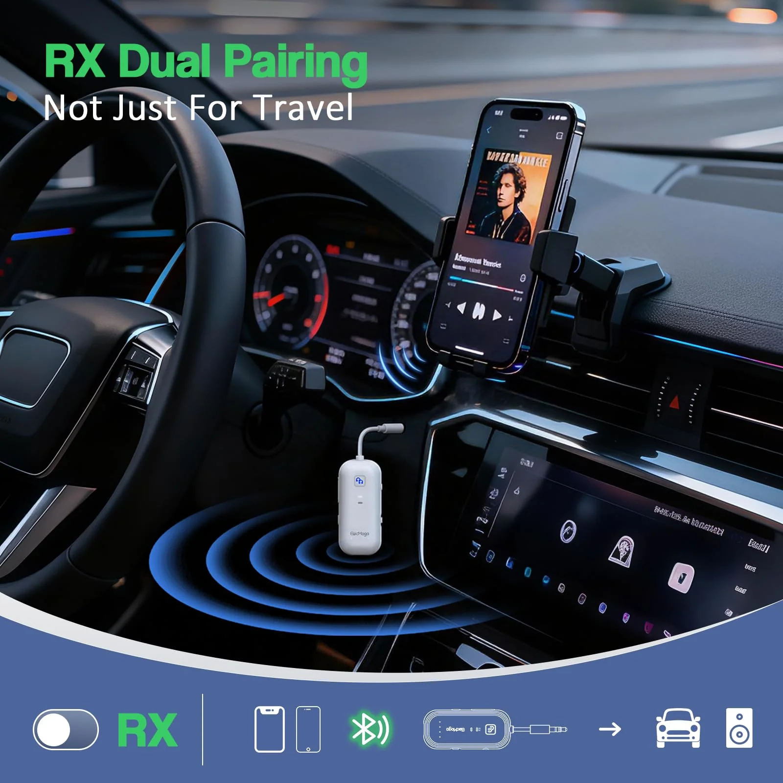 2025 Upgraded Airplane Bluetooth 5.4 Transmitter with aptX Adaptive, ElecMoga Airplane Travel Essentials Supports 2 AirPods or Headphones, 2-in-1 AUX Wireless Transmitter Receiver for TV, Car, White Pure White - Image 3