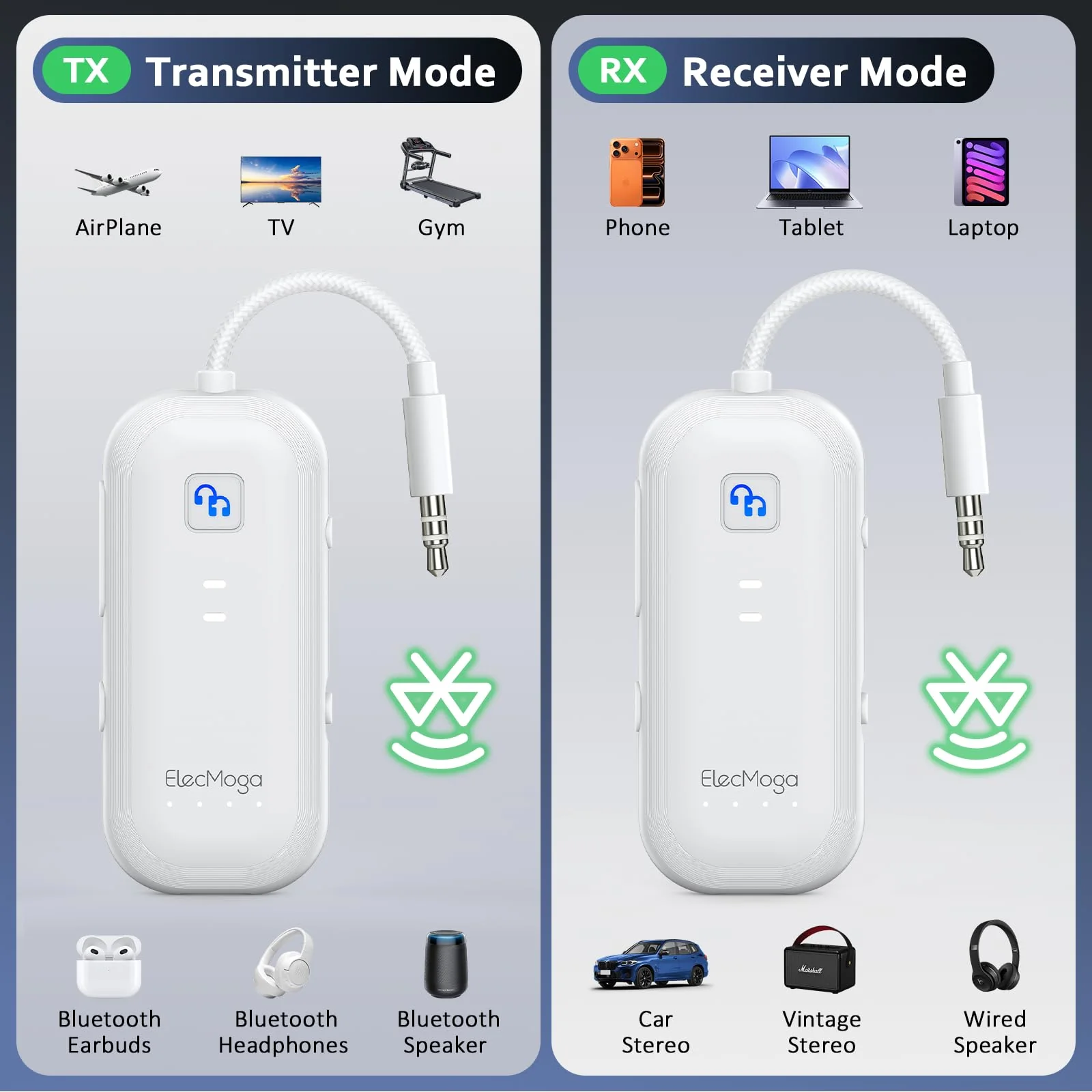 2025 Upgraded Airplane Bluetooth 5.4 Transmitter with aptX Adaptive, ElecMoga Airplane Travel Essentials Supports 2 AirPods or Headphones, 2-in-1 AUX Wireless Transmitter Receiver for TV, Car, White Pure White - Image 4