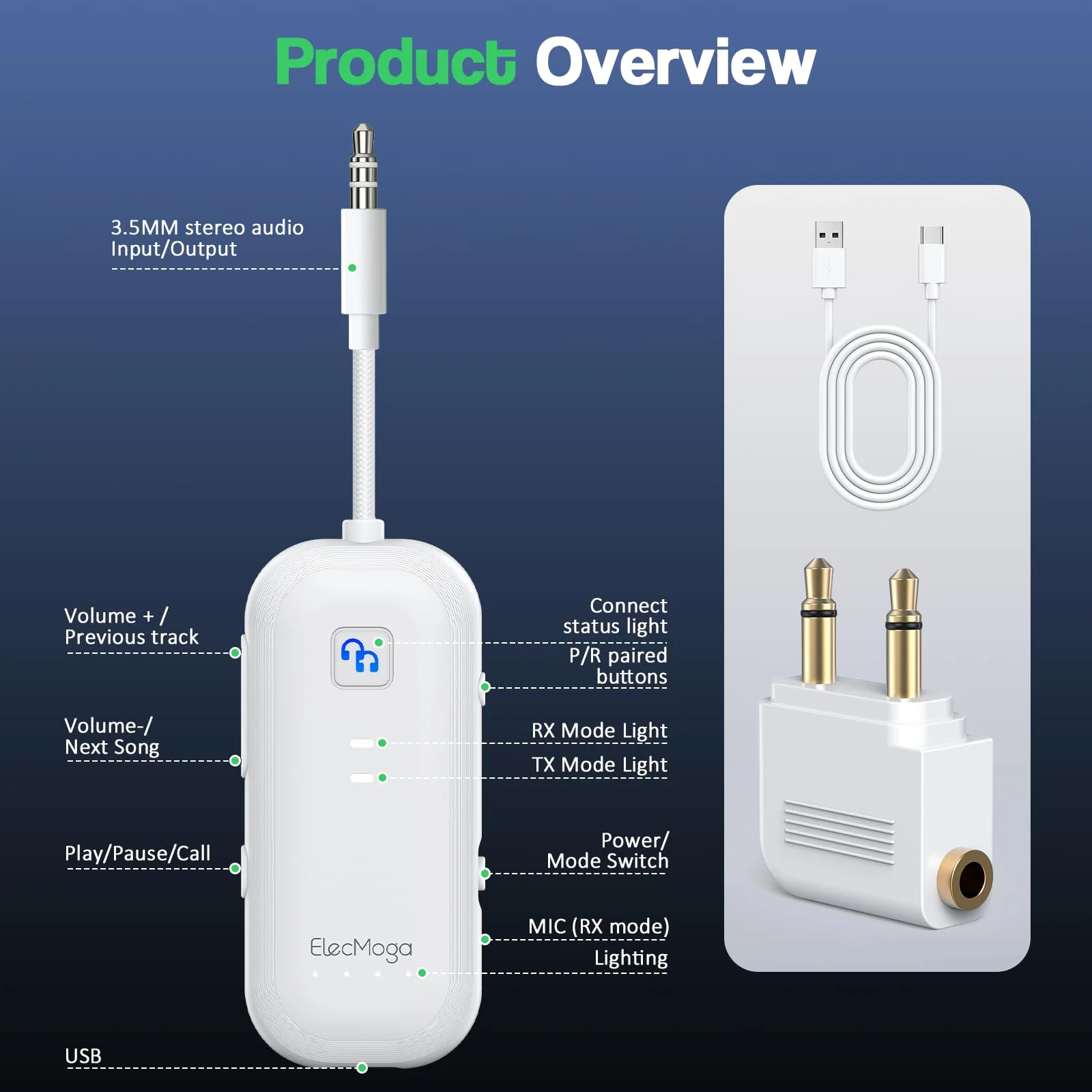 2025 Upgraded Airplane Bluetooth 5.4 Transmitter with aptX Adaptive, ElecMoga Airplane Travel Essentials Supports 2 AirPods or Headphones, 2-in-1 AUX Wireless Transmitter Receiver for TV, Car, White Pure White - Image 5