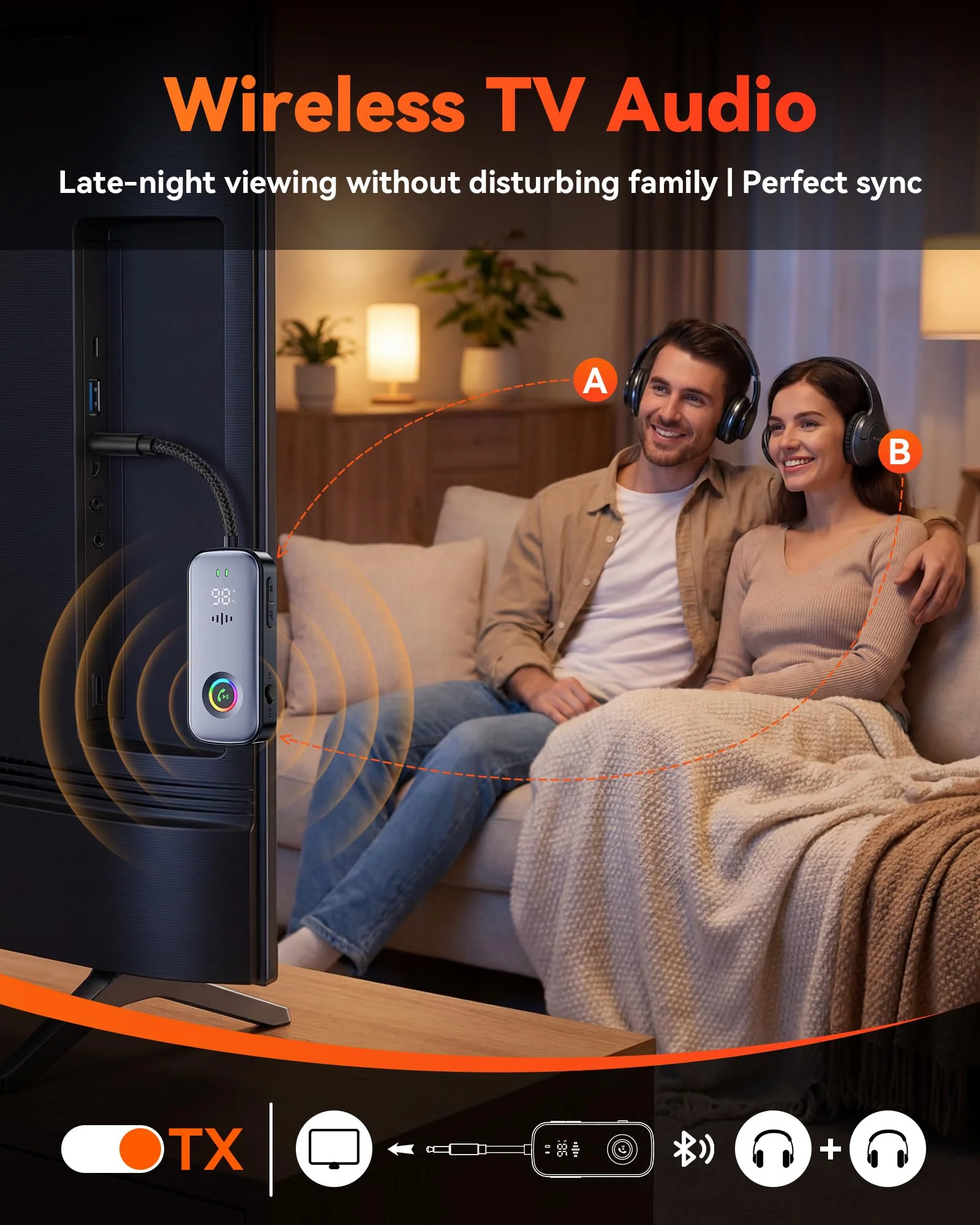 2026 Model 2-in-1 Bluetooth Transmitter Receiver, Low Latency Dual Link Audio Adapter with Battery Display/Built-in Mic, Compatible with TV/PC/Home Stereo/Car/Airplane - Image 5